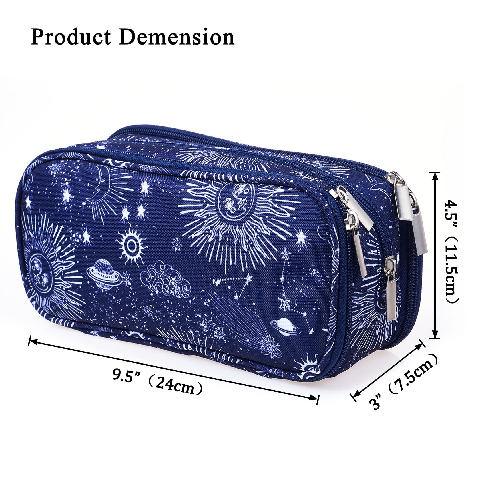 LParkin Sun and Moon Pencil Case Super Large Capacity 3 Compartments Canvas Pencil Box Office