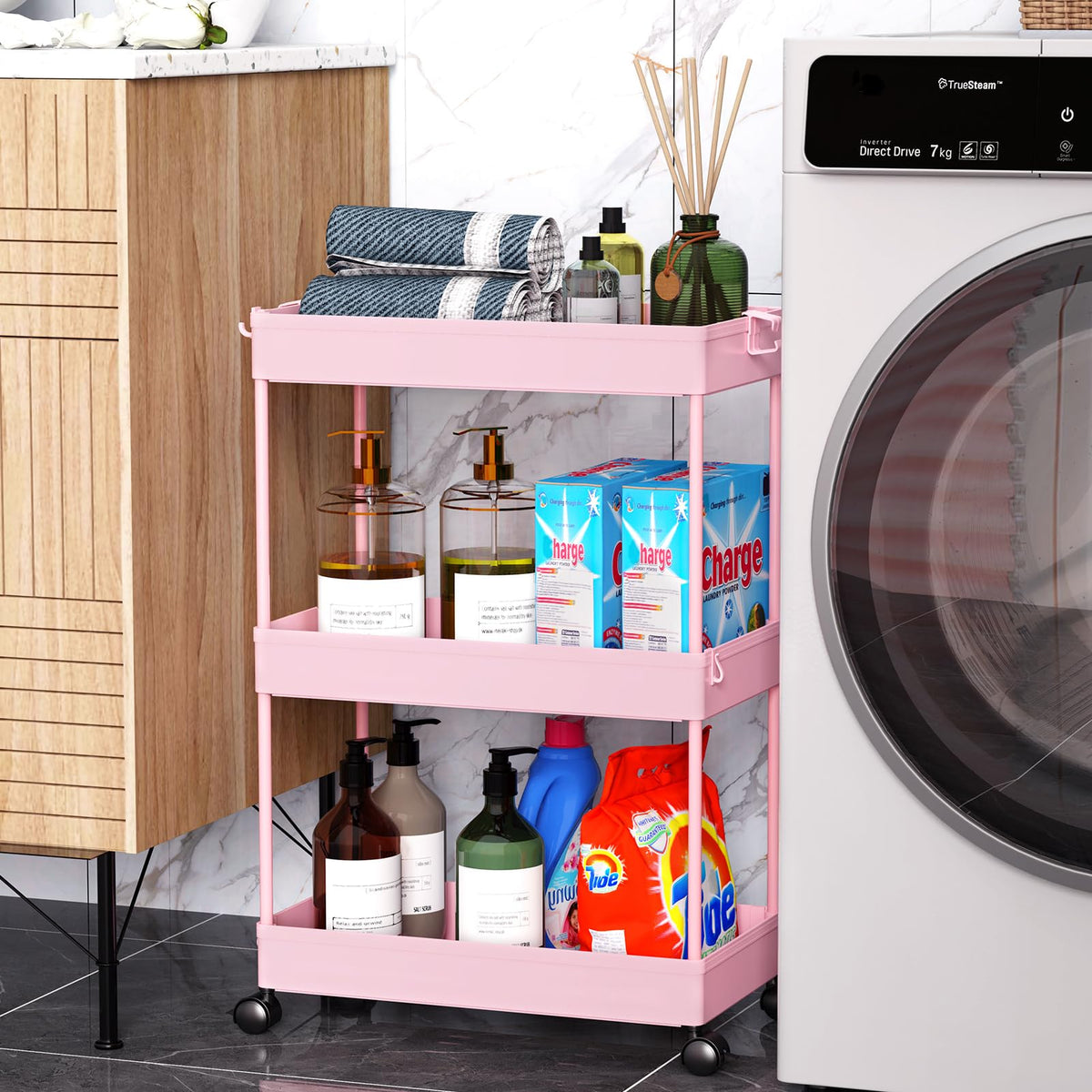 SPACEKEEPER 3 Tier Rolling Cart, Bathroom Cart Organizer with Wheels, Pink