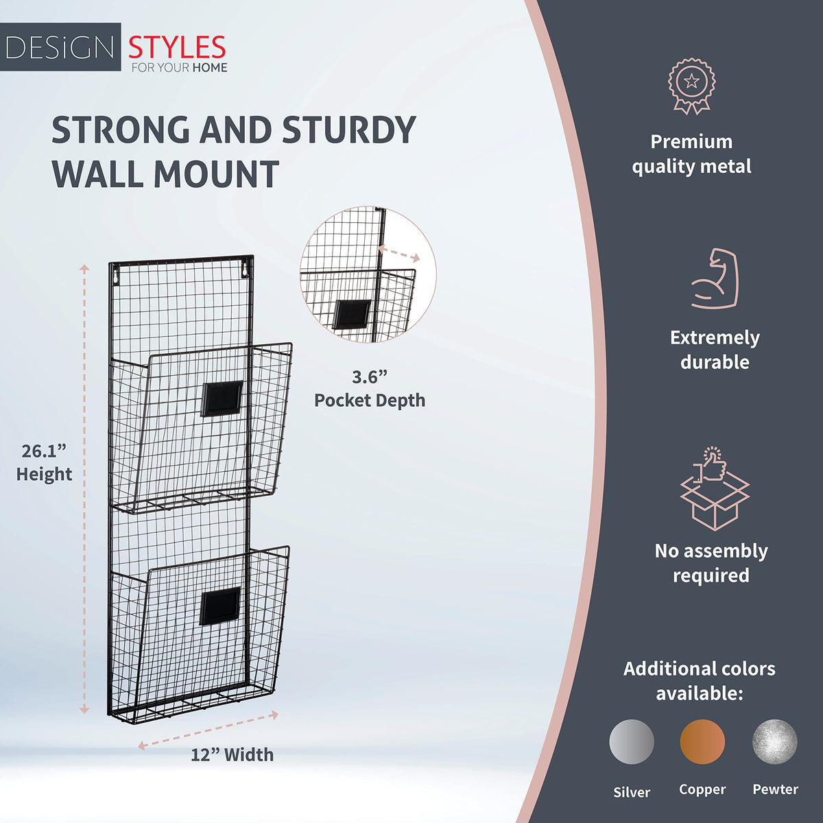 Designstyles Two Tier Wall File Holder – Durable Black Metal Rack with Spacious Slots for Easy