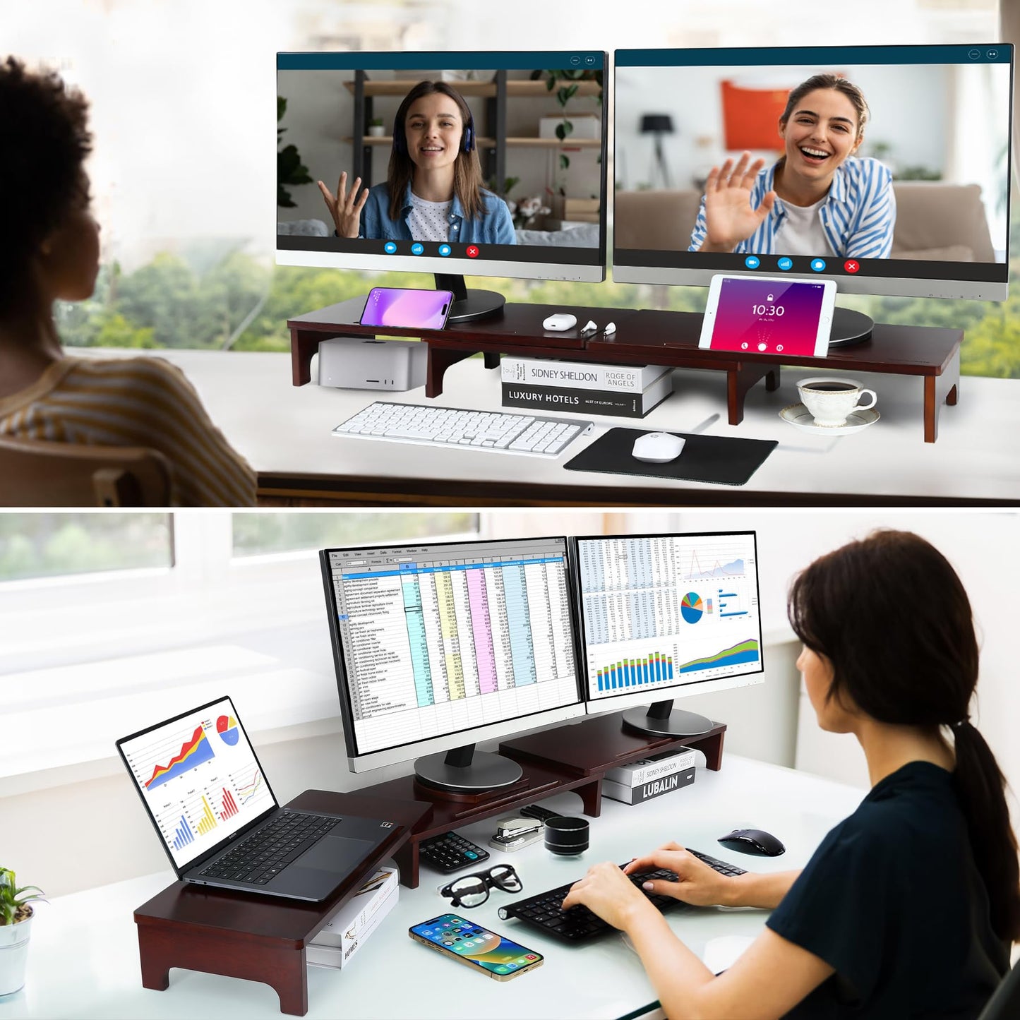 Nnewvante Bamboo Monitor Riser, 60 inch Upgrade Height Large TV Riser
