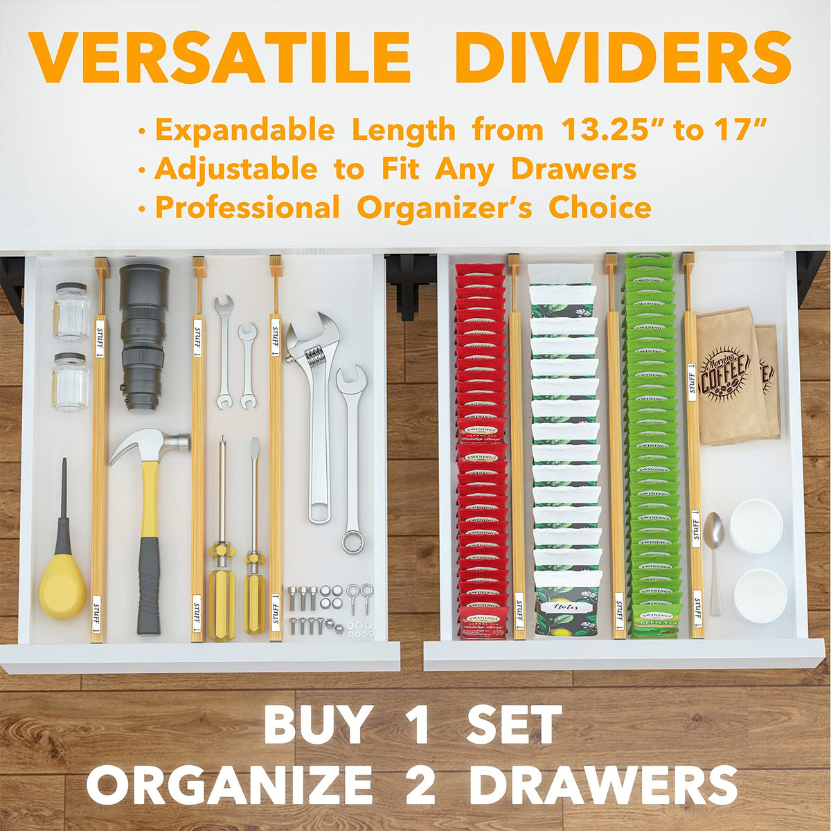 SpaceAid Bamboo Drawer Dividers (Need 2.35" Deep Drawer) Kitchen Adjustable Drawer Organizers