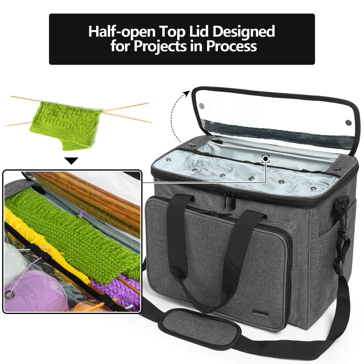 Teamoy Knitting Bag, Yarn Storage Organizer Crochet Bag Tote, Gray
