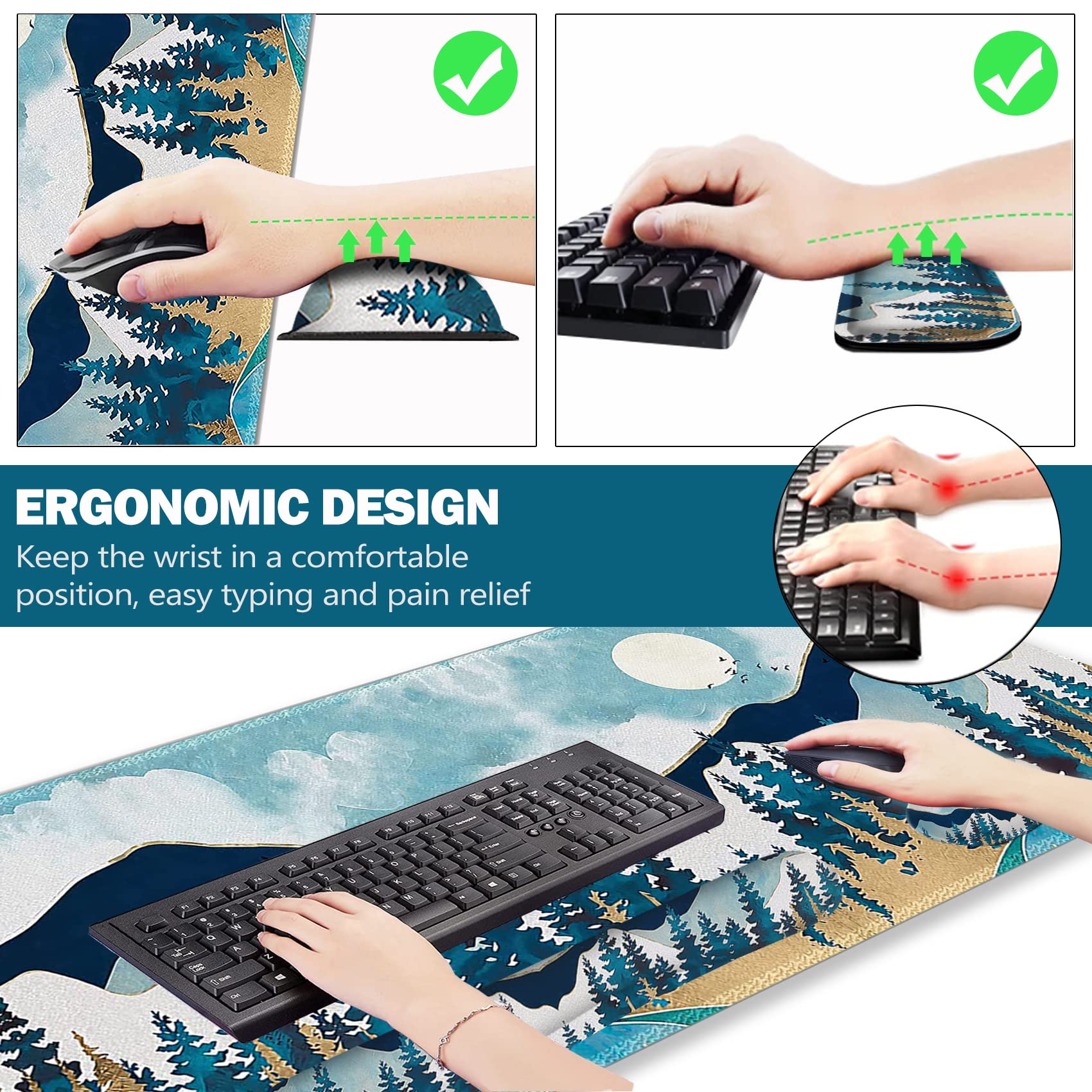 ARTSO Large Gaming Mouse Pad Set, Keyboard Wrist Rest Support + Mouse Wrist Cushion + Extended
