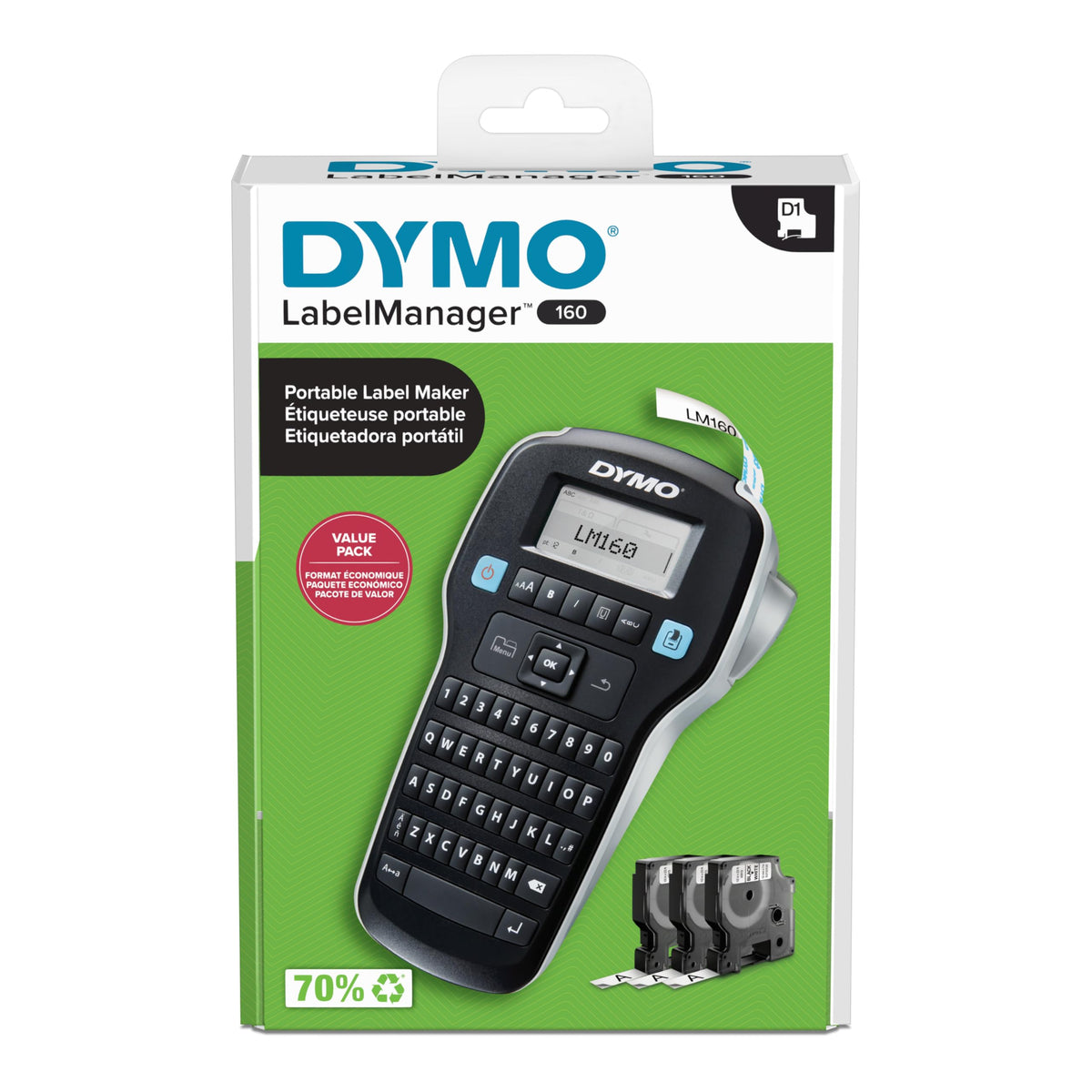 DYMO LabelManager 160 Label Maker Bundle with 3 D1 Label Cassettes, Portable Handheld, QWERTY