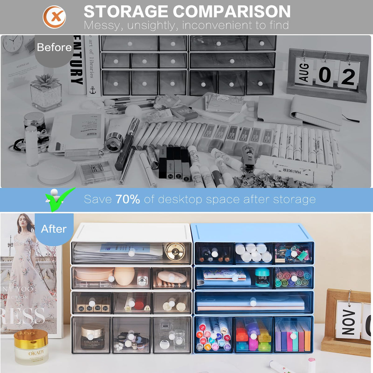 FODIENS Desk Storage Organizer with 9 Drawers, 4 Tiers Stackable Desktop Craft Storage Drawers