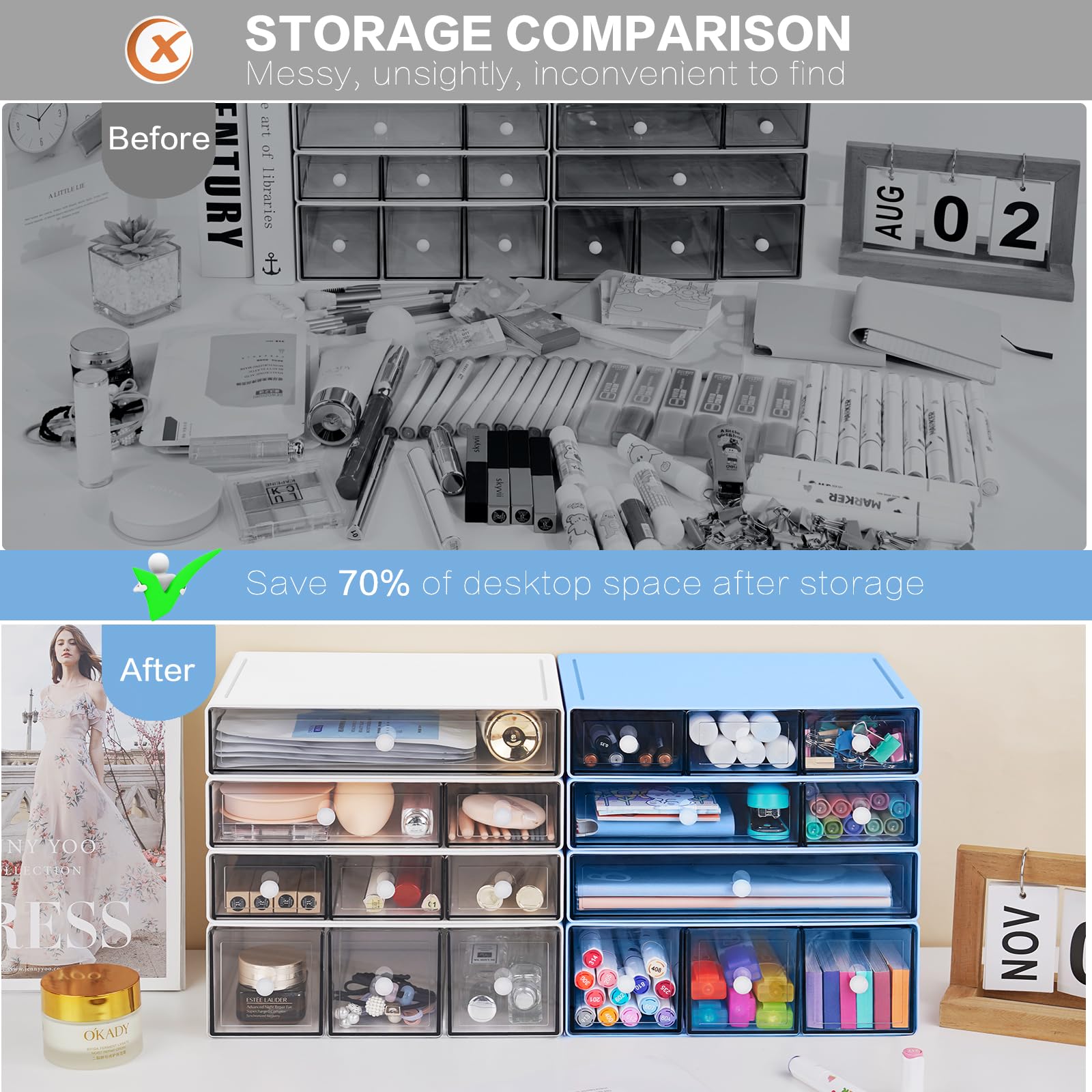 FODIENS Desk Storage Organizer with 9 Drawers, 4 Tiers Stackable Desktop Craft Storage Drawers