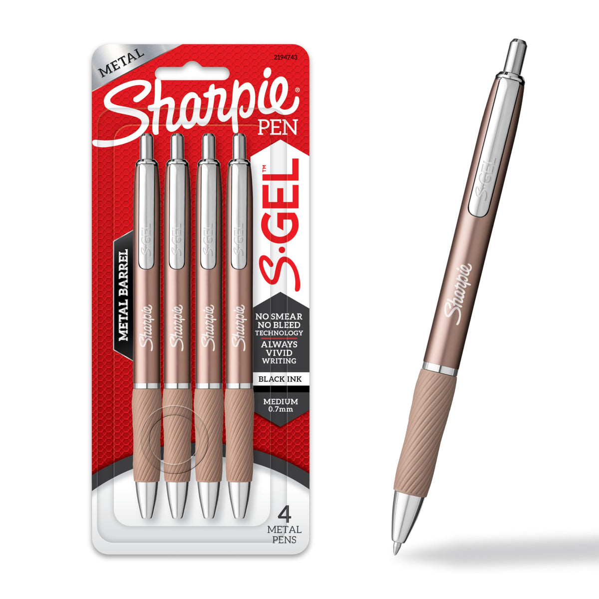 Sharpie S-Gel, Gel Ink Pens, Medium Point (0.7mm), Sleek Metal Barrel, Champagne, Black Ink, 4