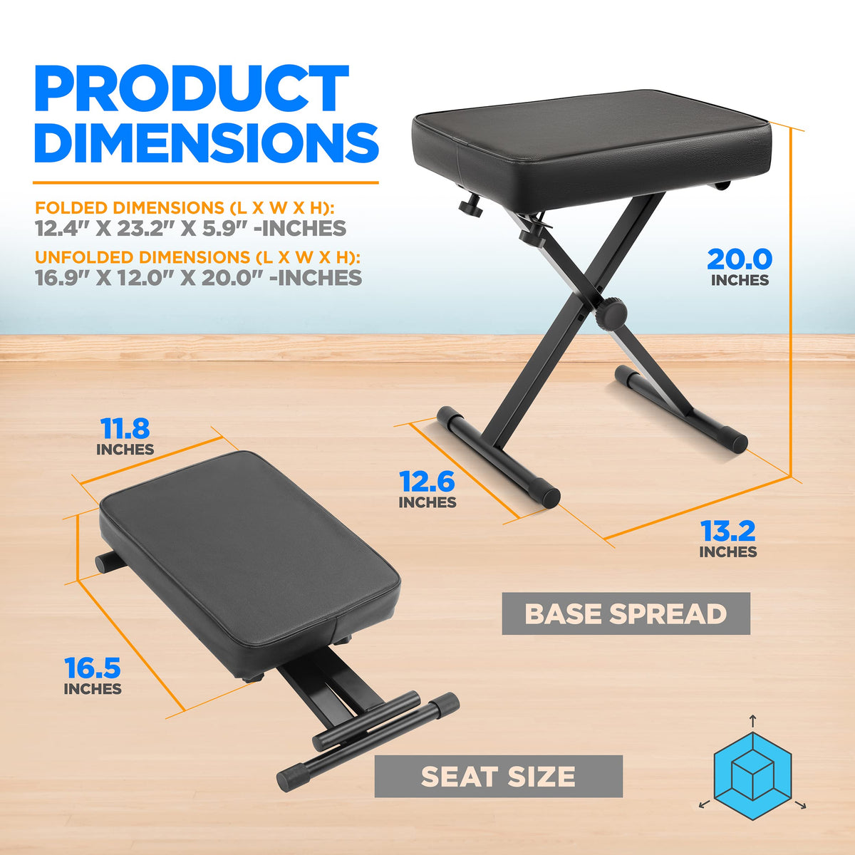 Adjustable Padded Keyboard Bench - X-Style Bench with Three Holes on Each Leg, 4 Non-Slip Rubber