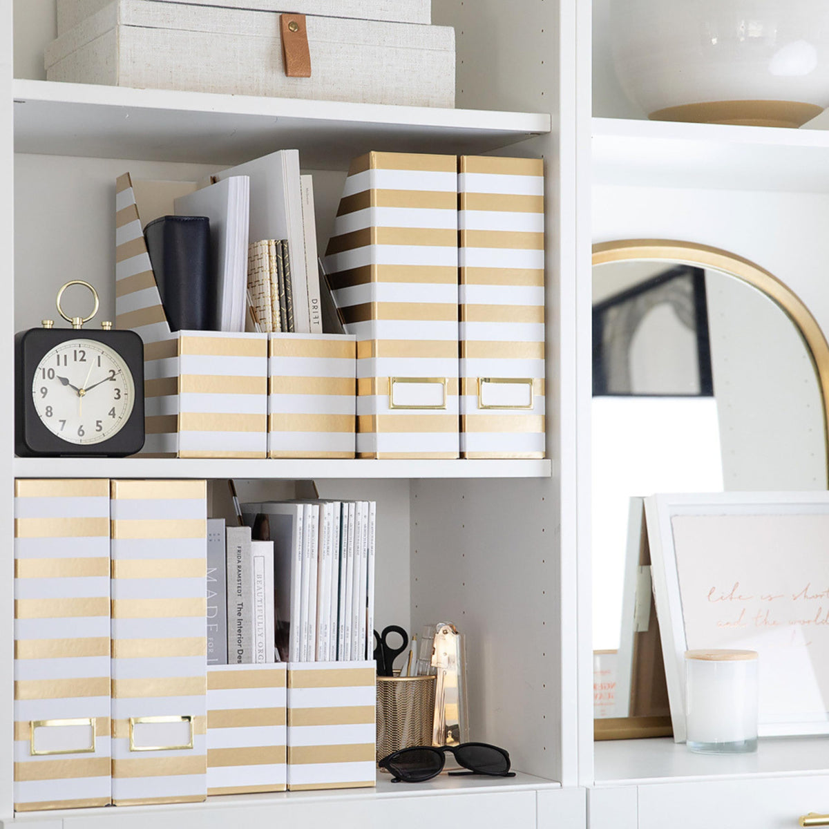BLU MONACO | Cardboard Magazine File Holder Set of 4 Gold White Stripes | Vertical Magazine File