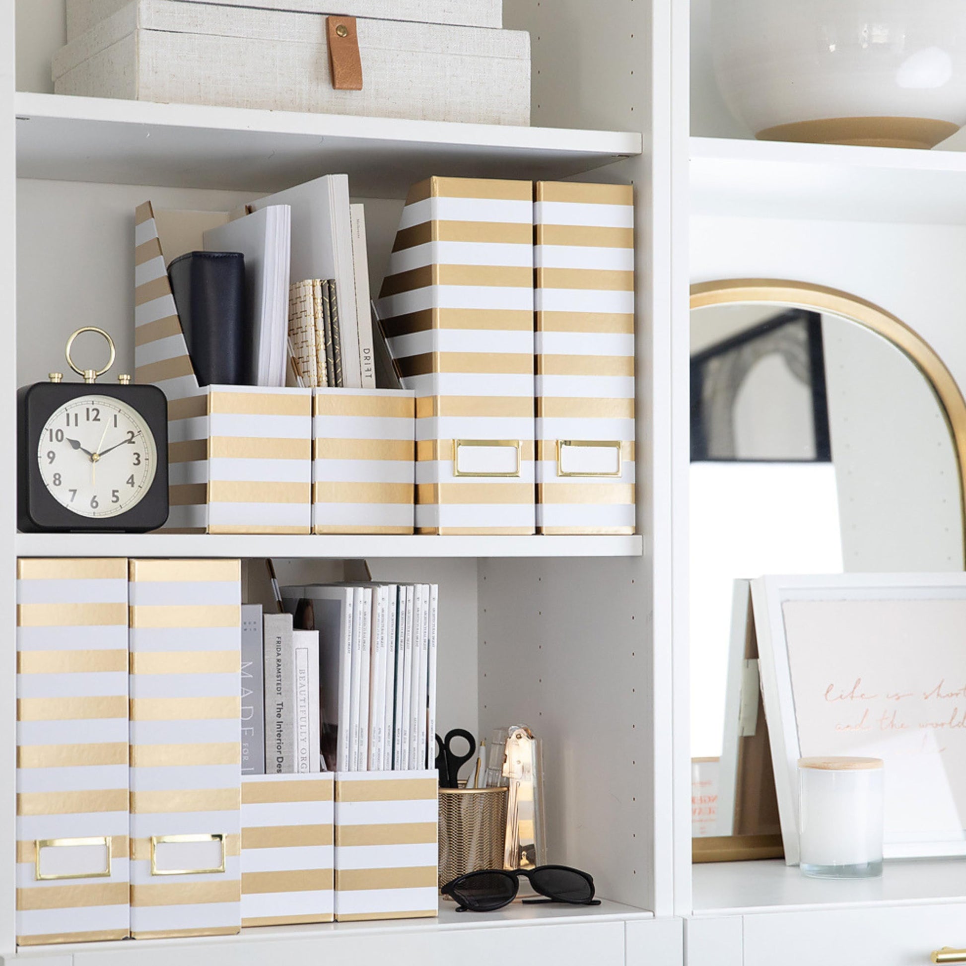 BLU MONACO | Cardboard Magazine File Holder Set of 4 Gold White Stripes | Vertical Magazine File
