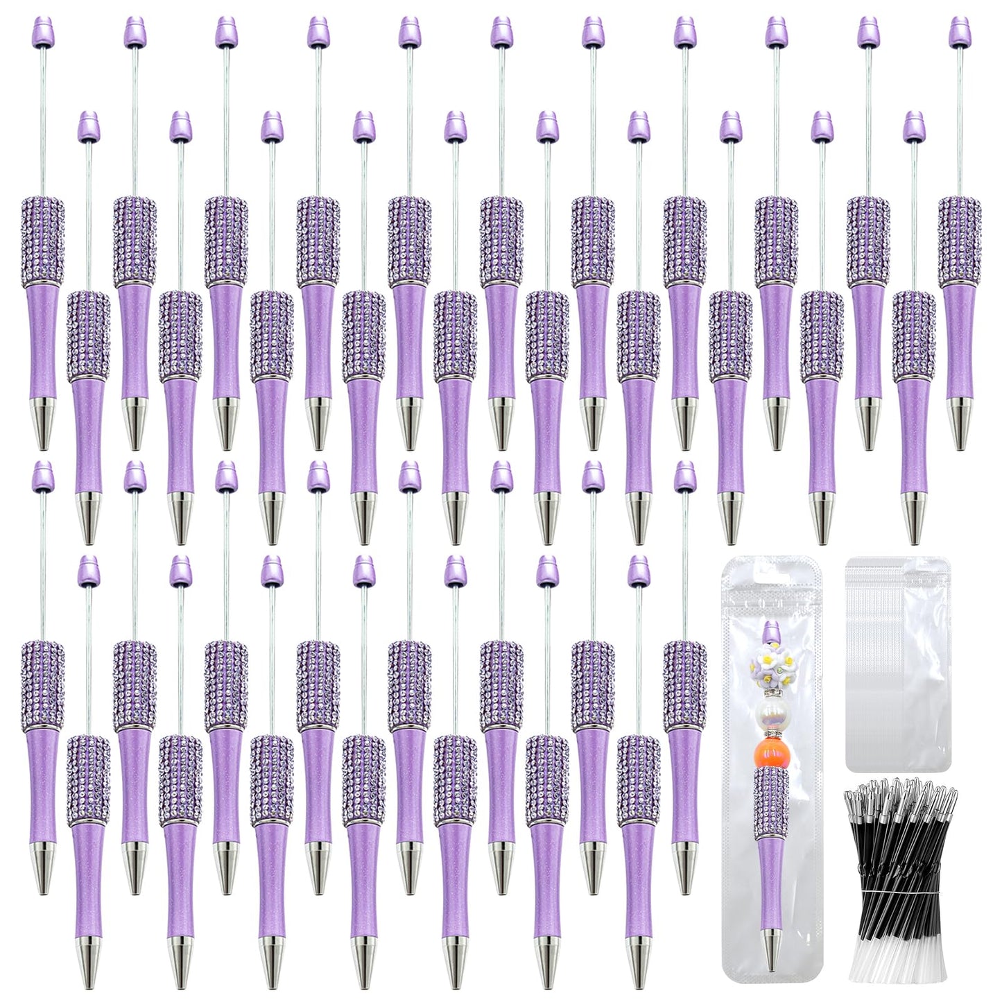 DASTTUIS 150 Pcs DIY Diamond Beadable Pen Kit - 50 Plastic Rhinestone Beaded Pens Bulk with Refills