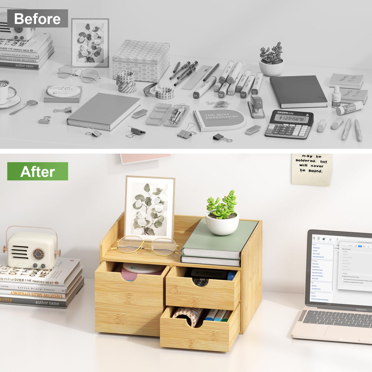Bamboo Desk Organizer with Drawers, Desktop Storage for Office Supplies