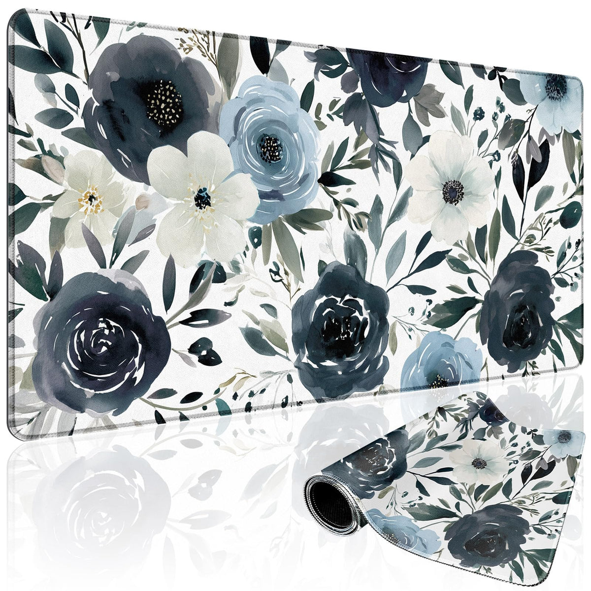 Mcapirivo Navy Blue White Floral Large Gaming Mouse Pad Desk Mat 31.5x15.7
