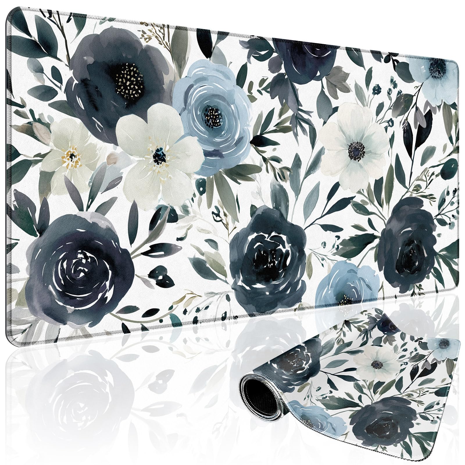 Mcapirivo Navy Blue White Floral Large Gaming Mouse Pad Desk Mat 31.5x15.7