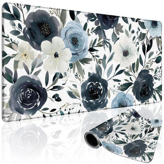 Mcapirivo Navy Blue White Floral Large Gaming Mouse Pad Desk Mat 31.5x15.7