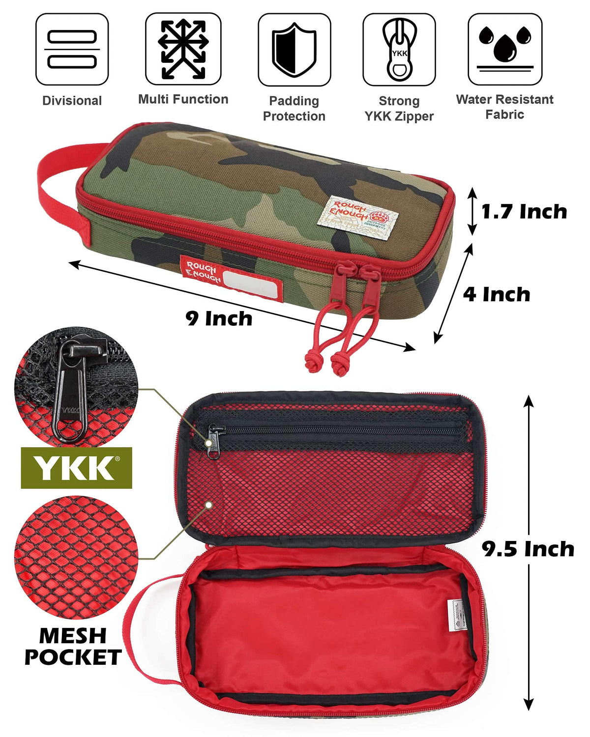 Rough Enough Large Camo Pencil Case for Boys Kids, Stationery Organizer