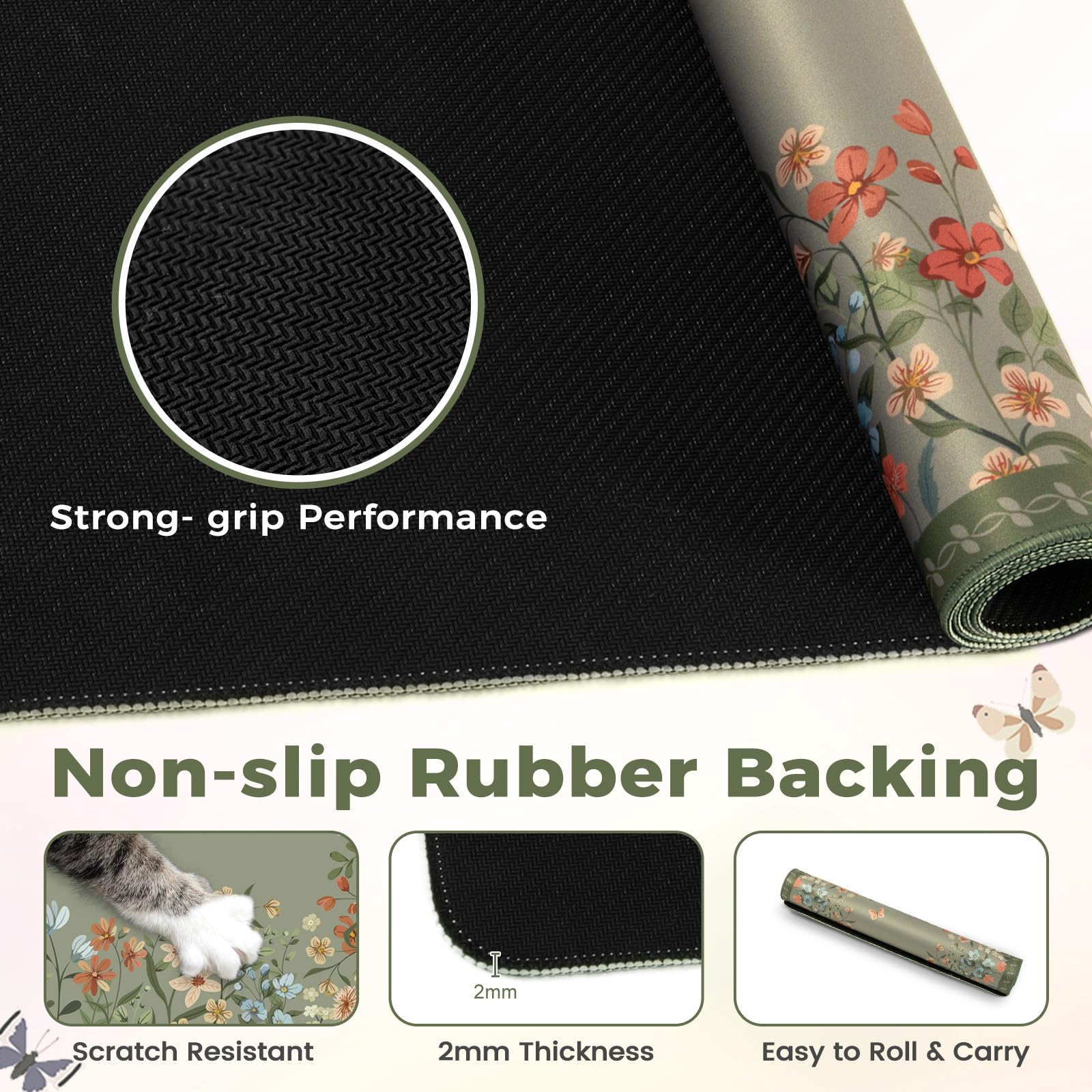 HAOCOO Dark Green Floral Desk Mat, XL Mouse Pad for Keyboard, Non-Slip Base