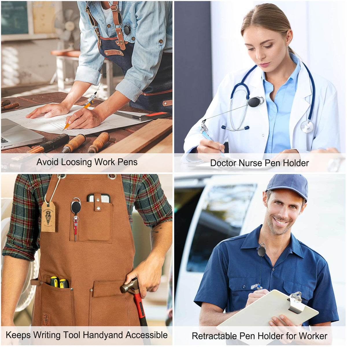 8 Pack Retractable Pen Holder with 32 in Dyneema Cord and Metal Pen Clip