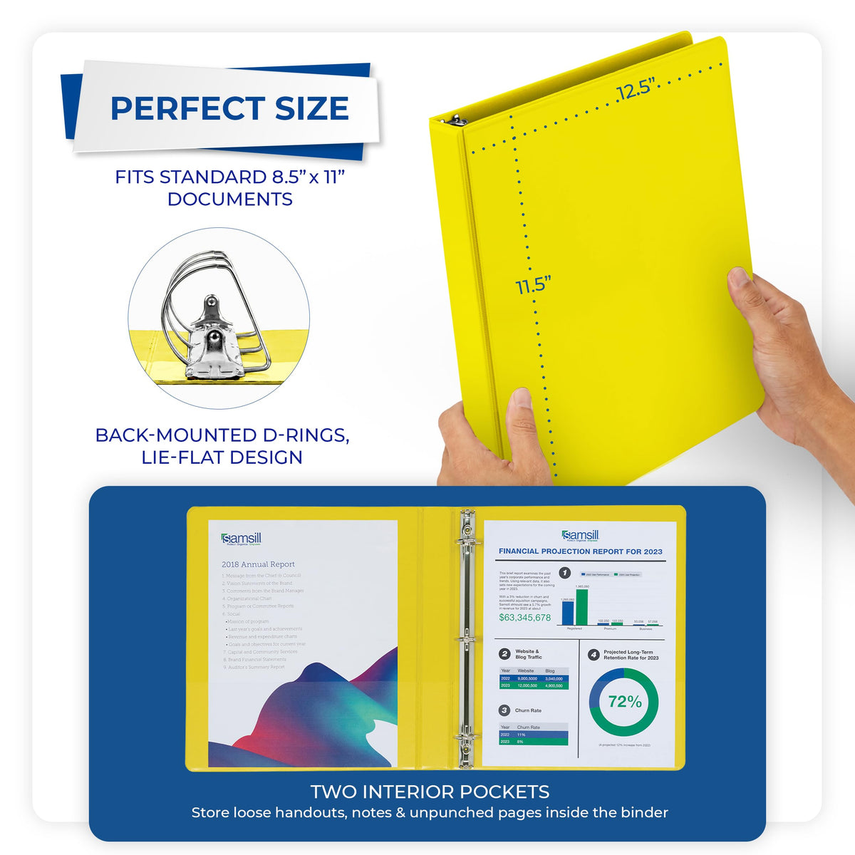 Samsill Durable 1 inch 3 Ring Binder, D Ring Binder, 100% Recycled Chipboard, Yellow, 12 Pack