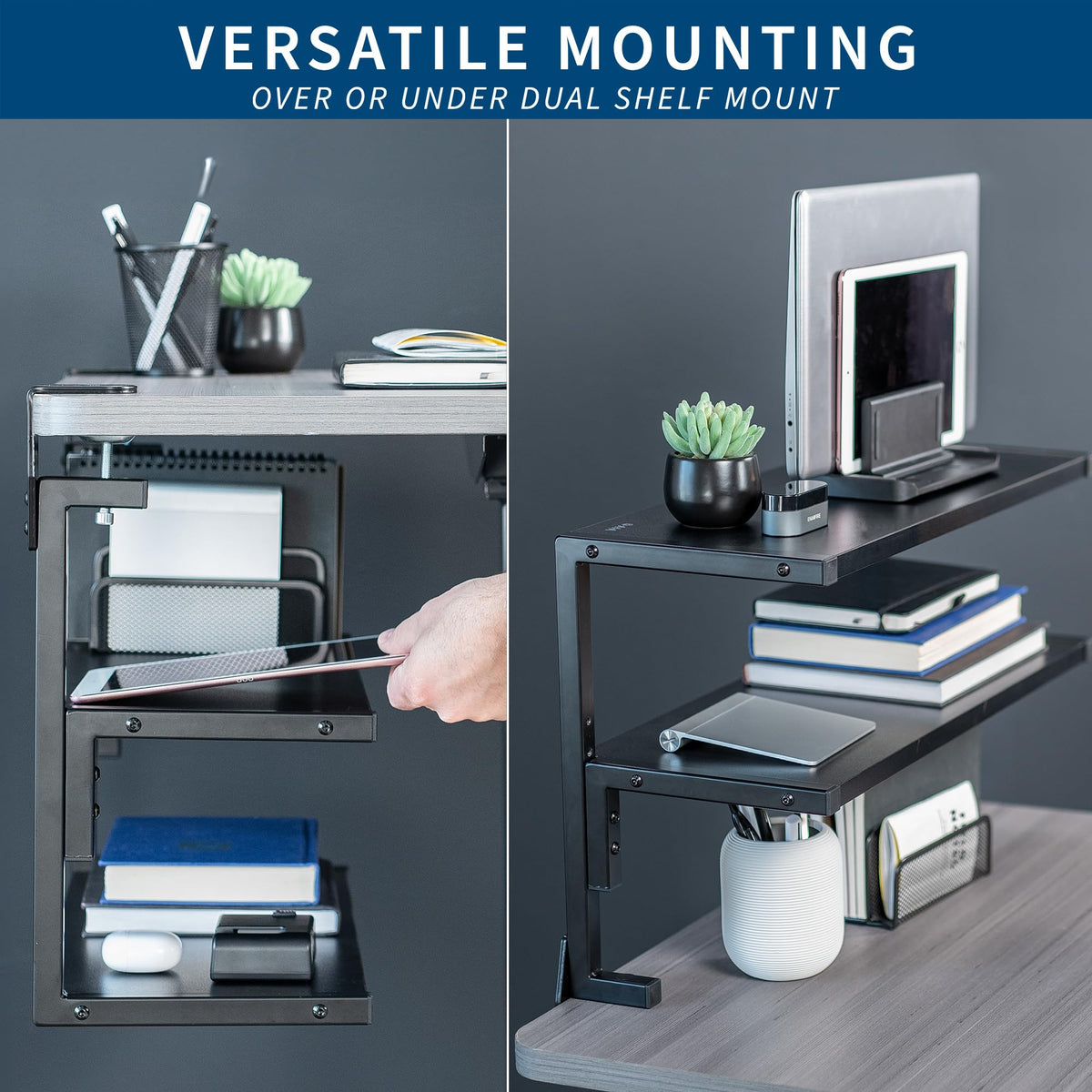 VIVO Black Clamp-on 24 inch 2-Tier Desk Shelf, STAND-SHELF24C