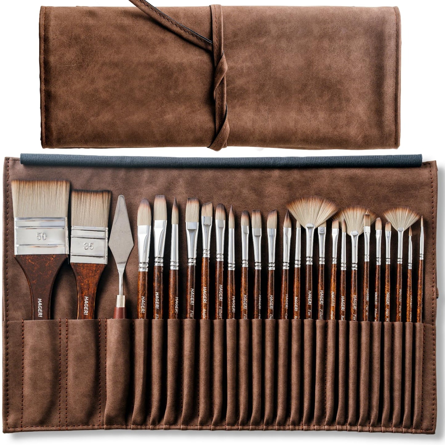 HAGERI Paint Brushes, 25 Pieces Expert Synthetic Nylon Bristles Paint Brush Set with Suede Leather