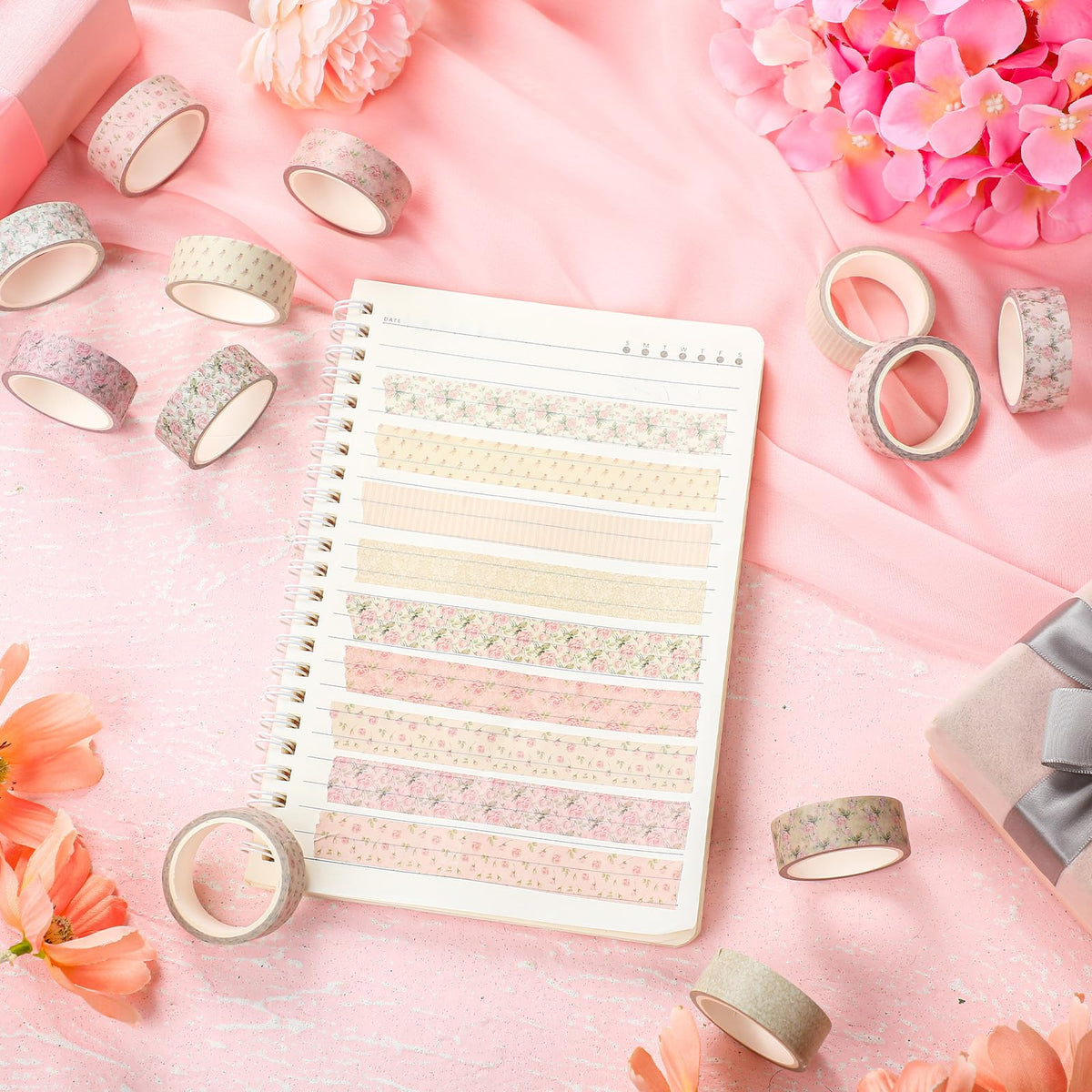 YooNotee 12 Rolls Floral Washi Tape Set,Dusty Pink,Rose