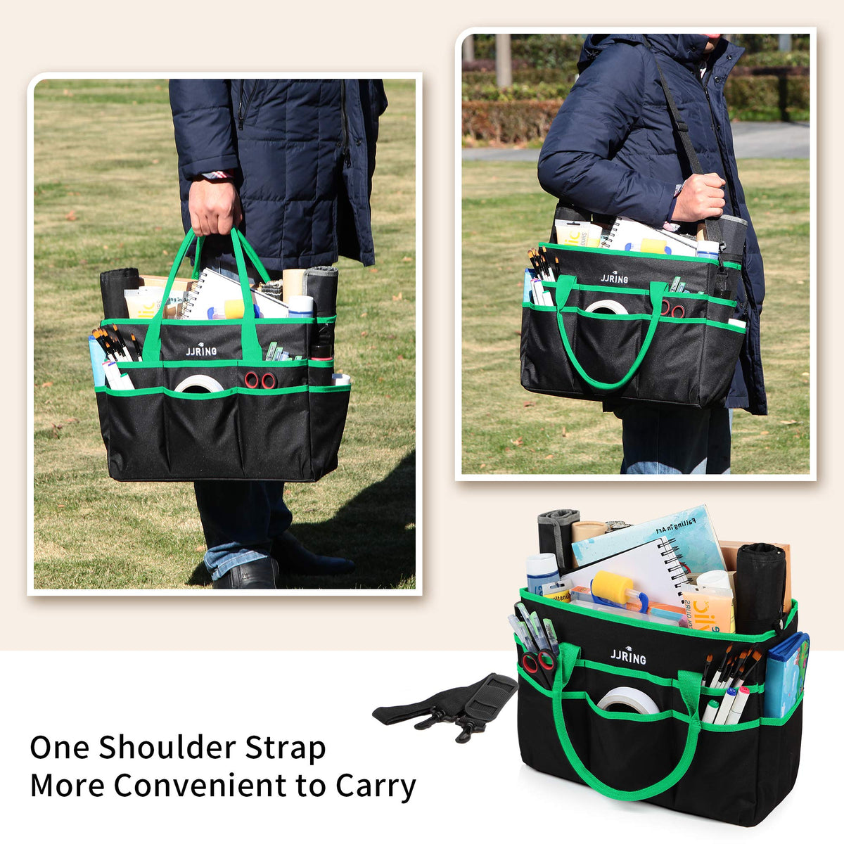 JJRING Large 600D Nylon Artist Organizer Tote Bag With 16 Pockets, Green