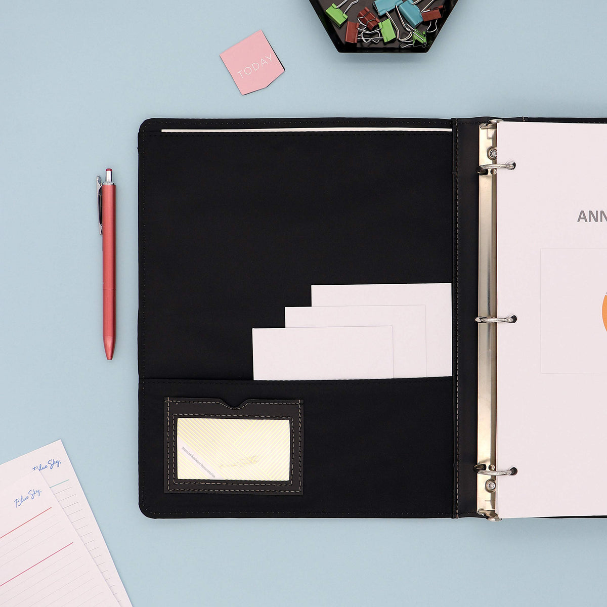 Blue Sky ProView Legacy Black 3 Ring Binder, Letter Size, 1", Textured Faux Leather Cover, Built-in