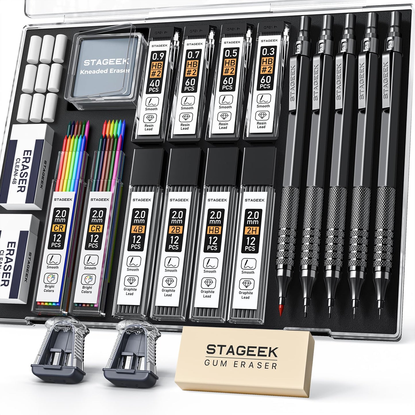 STAGEEK 21PCS Metal Mechanical Pencil Set, 0.3, 0.5, 0.7, 0.9, 2mm, Black