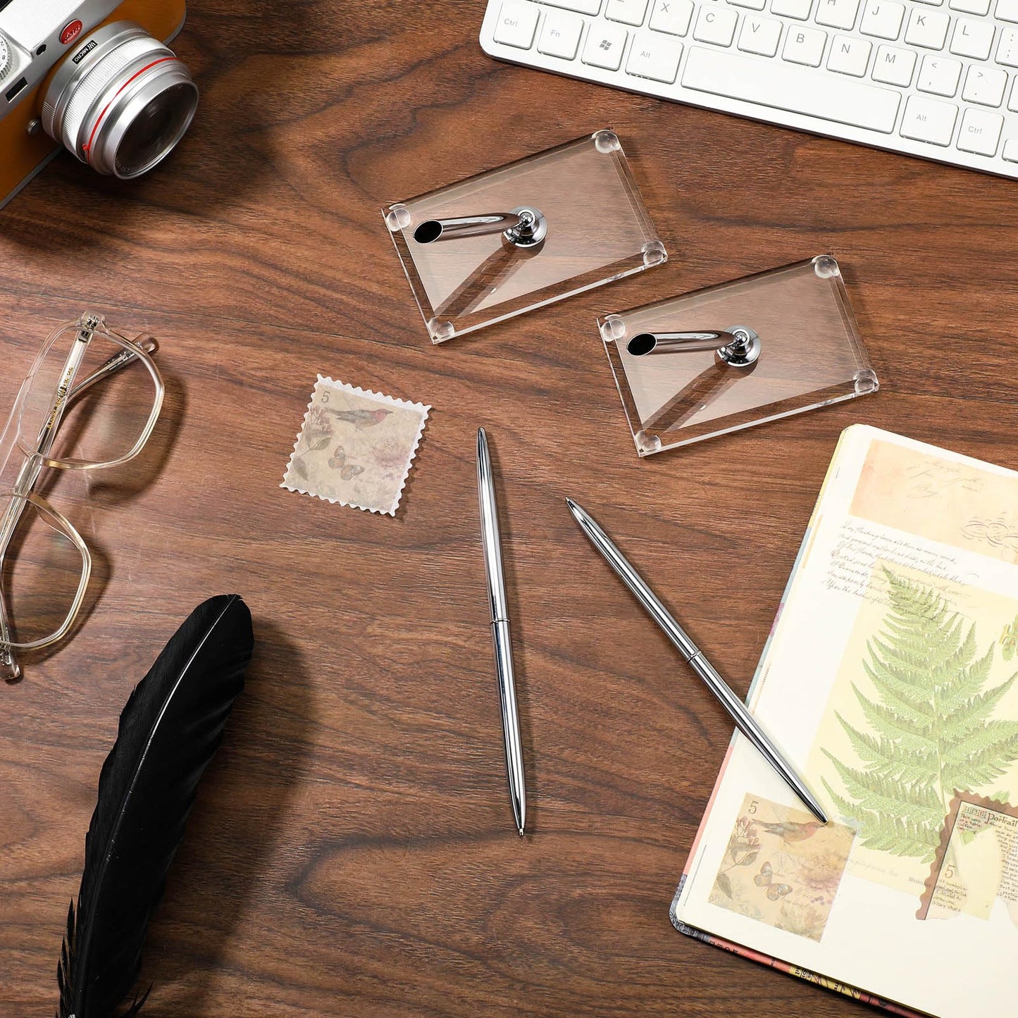 Chinco 2 Sets Silver Guest Pen and Stand, Including 2 Guest Silver Metal Writing Pens with Black