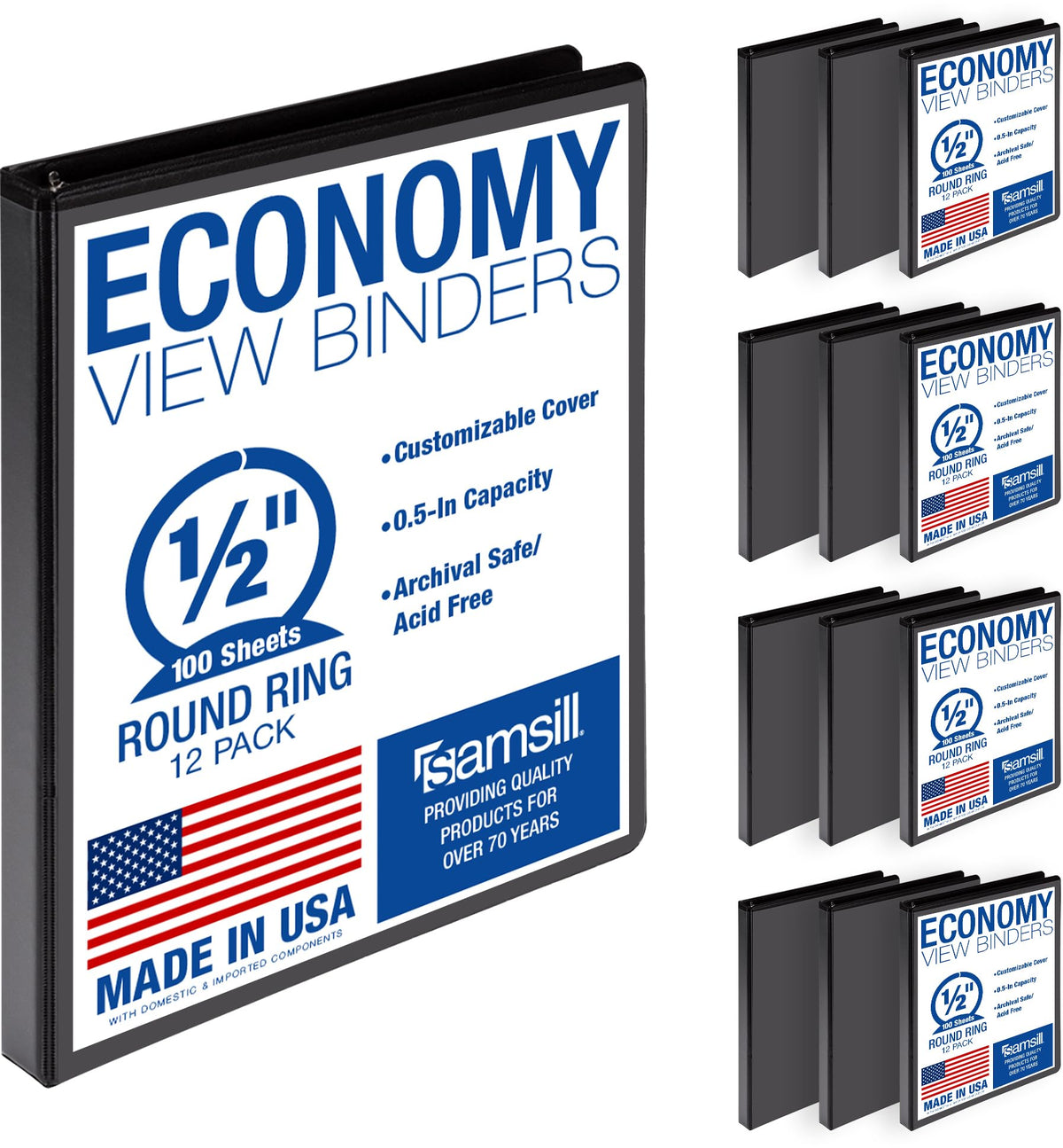 Samsill 0.5 Inch 3 Ring Binders, Economy Round Ring, Clear View Cover, 100 Sheet Capacity - for