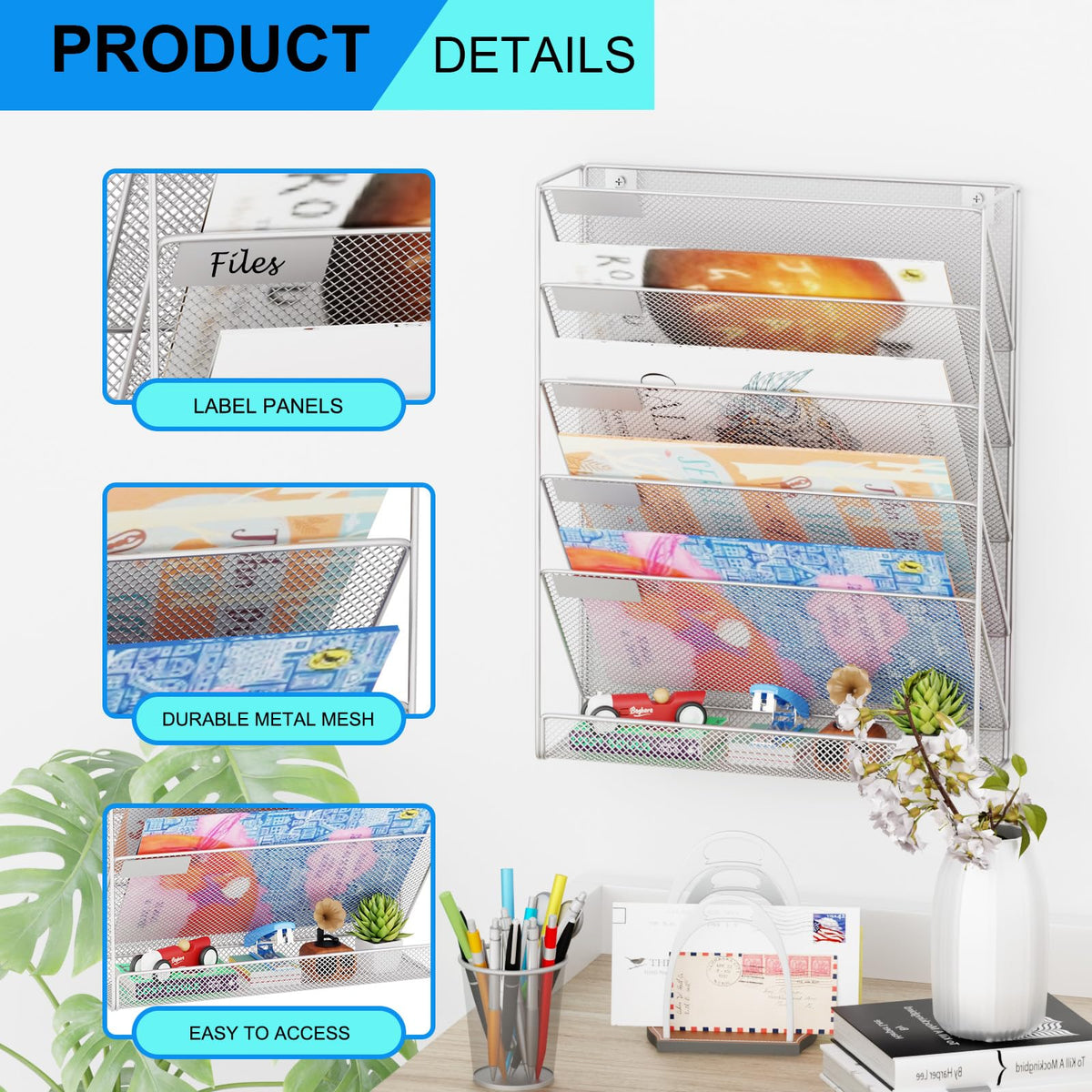 GDINDINFAN Wall File Organizer Holder Mesh Hanging Paper Document Holder, Vertical 6 Pocket Tier
