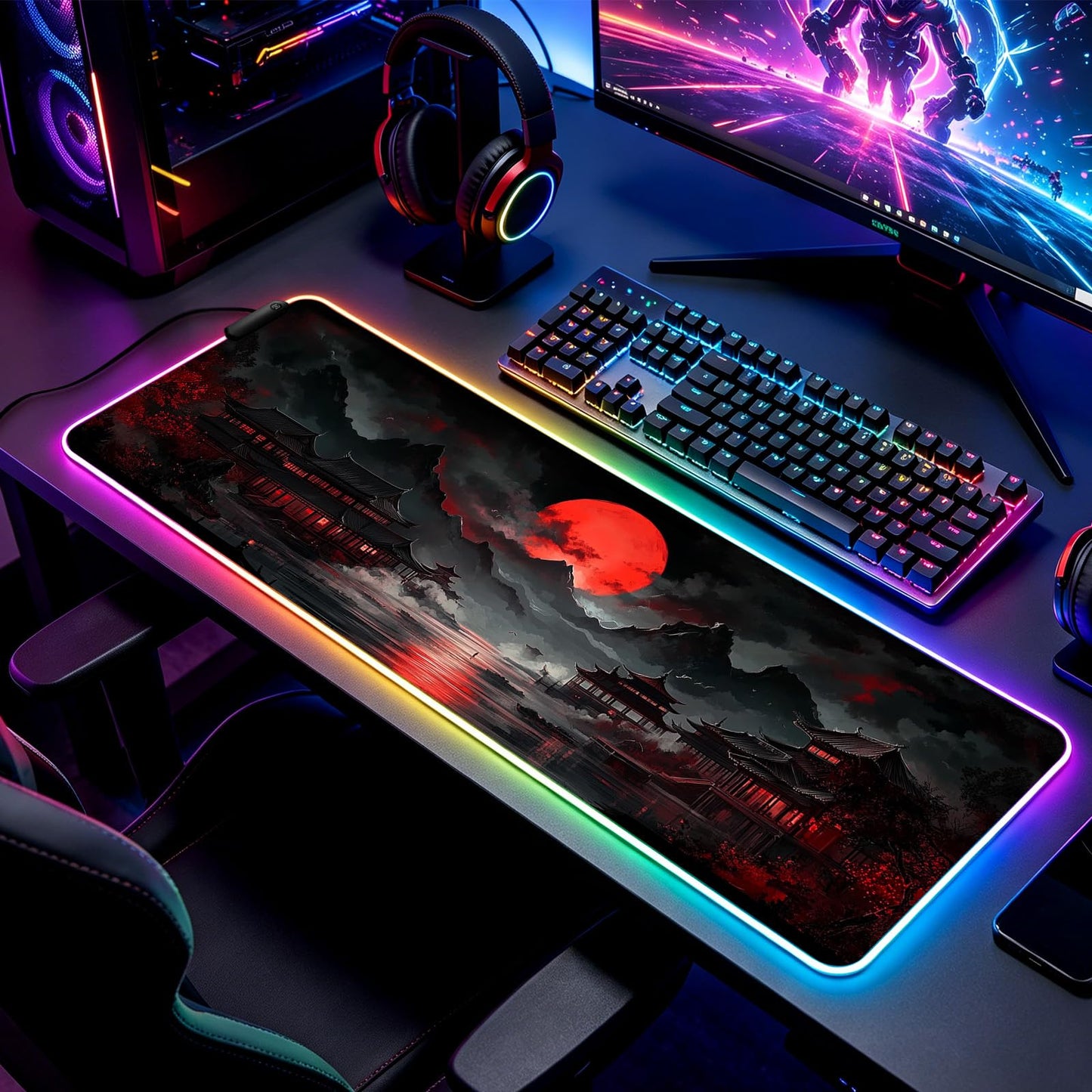JIANG100 RGB Moonlit Japanese Lake Scene Gaming Desk Mat & Mouse Pad, XL