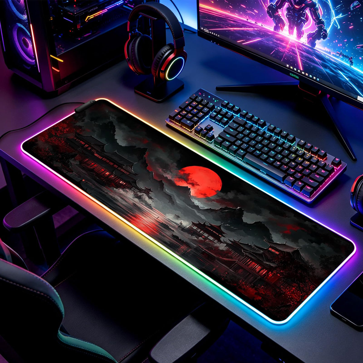 JIANG100 RGB Moonlit Japanese Lake Scene Gaming Desk Mat & Mouse Pad, XL