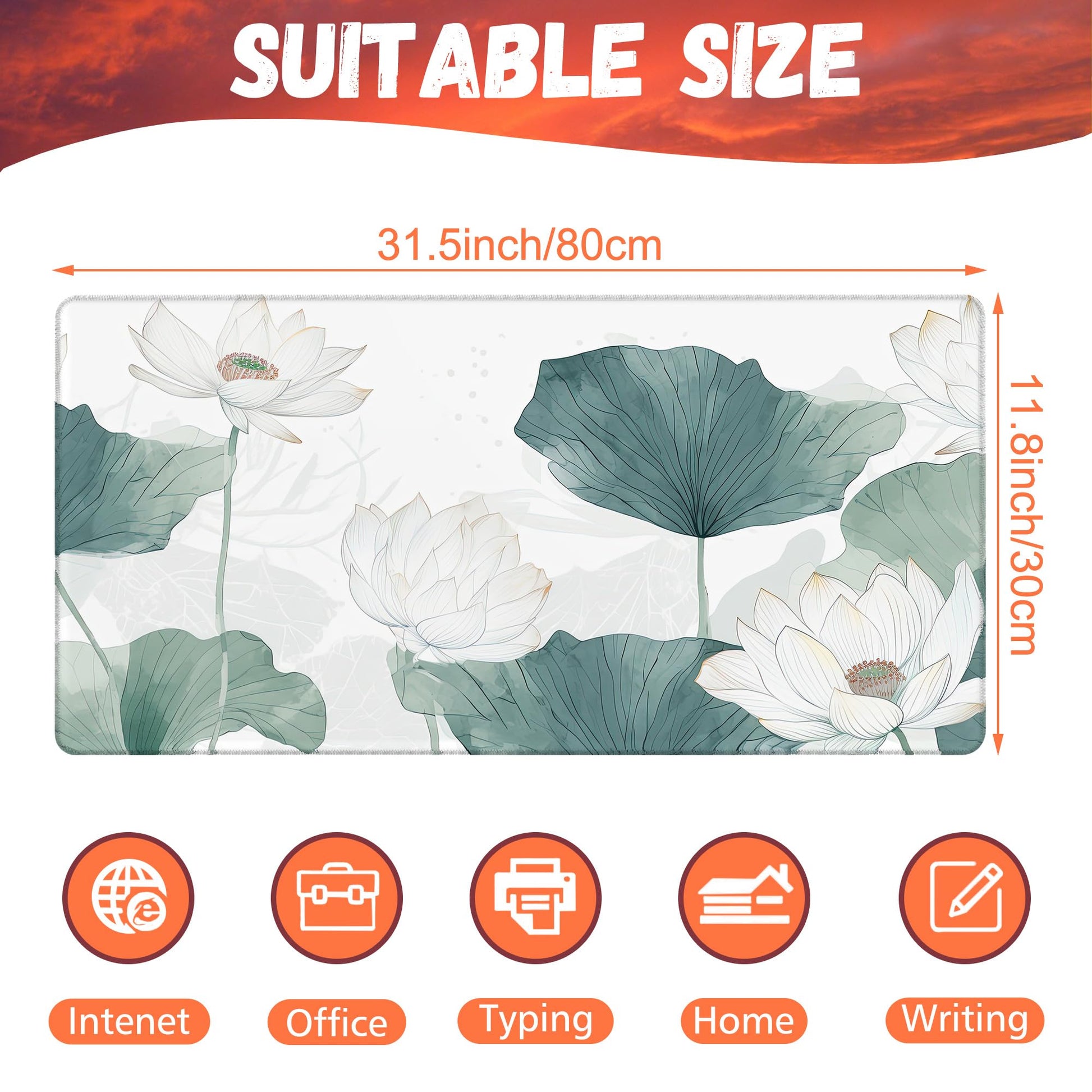 KOAIWPAE Desk Mat, Watercolor Lotus Painting Desk Pad, White Lotus Large Gaming Mouse Pad for Desk