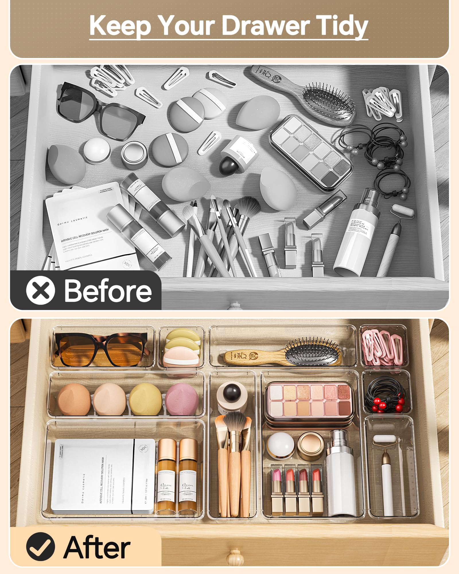 KEMETHY 25 PCS Plastic Drawer Organizers Set, 4 Sizes Vanity Organizer