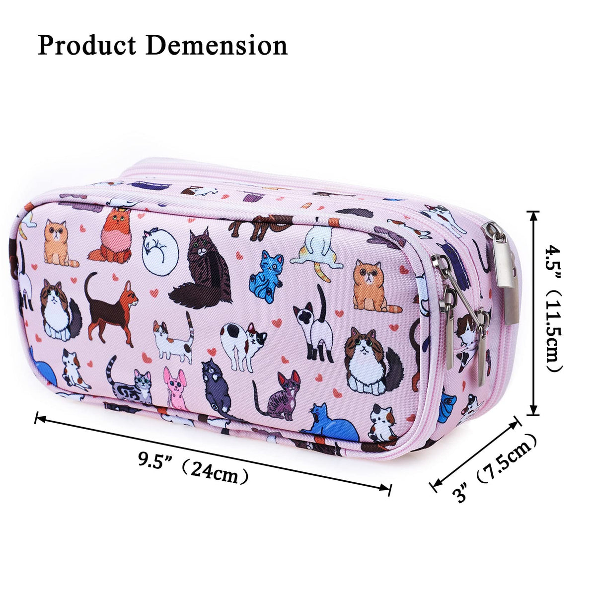 LParkin Cute Cat Pencil Case Super Large Capacity 3 Compartments Canvas Pencil Box Kawaii Makeup