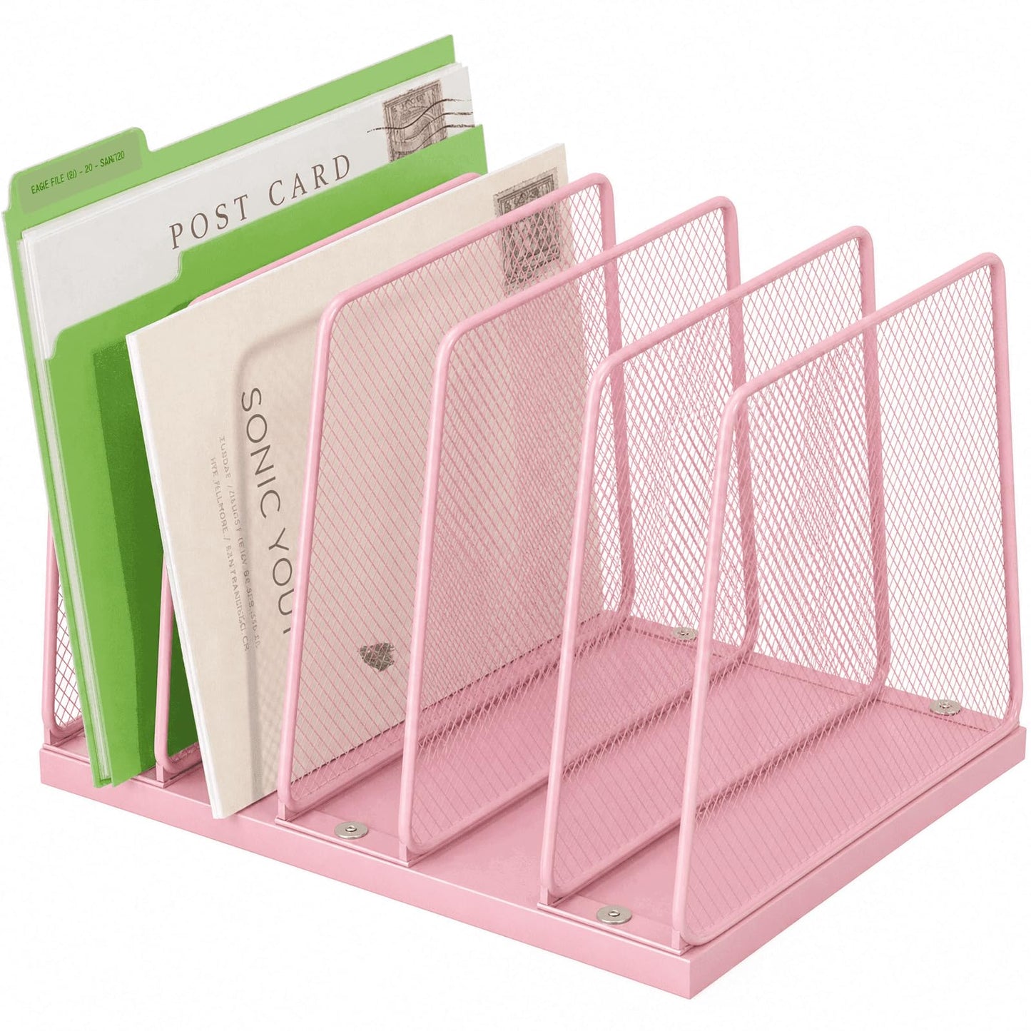 Becomrock 5-Section Vertical File Organizer for Desk, Sturdy Wood Base & Metal Mesh Desktop File