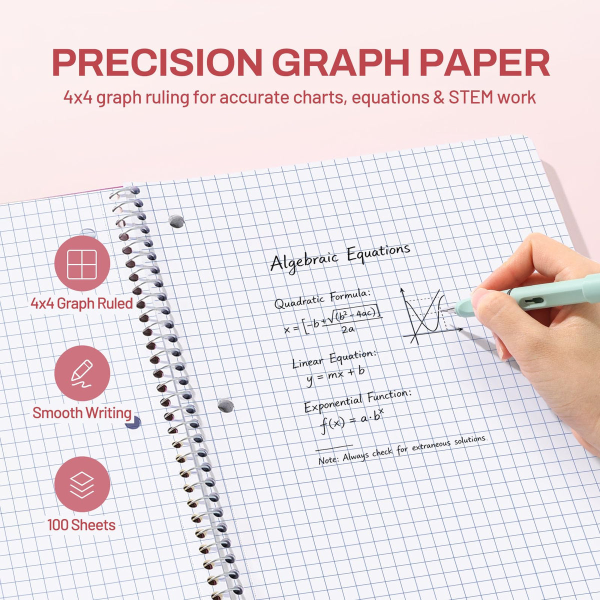 SUNEE Spiral Notebook, 1-Subject, Graph Ruled Paper, 8" x 10-1/2", 100 Sheets per Notebook, 3-Hole