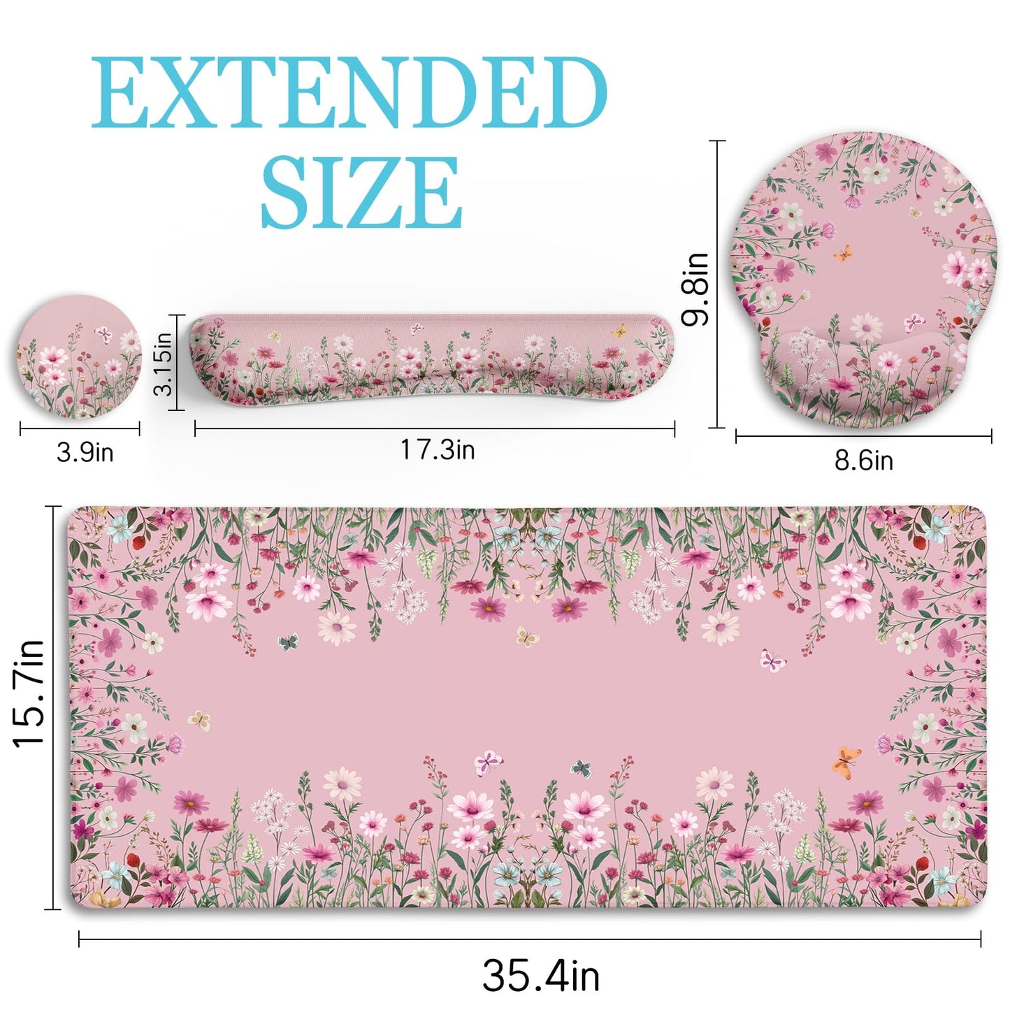 LIMKRIAN Floral Desk Mat Set, Cute Pink Desk Accessories Gifts for Women