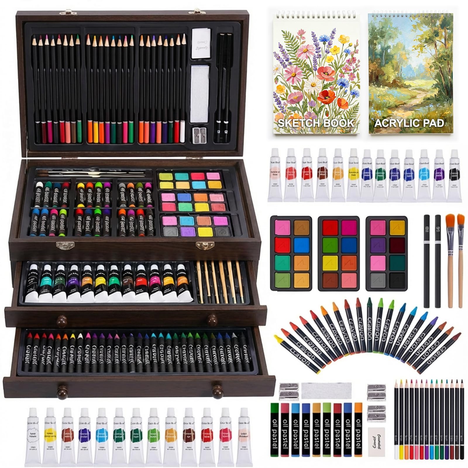 175-Pack Deluxe Wooden Art Set Drawing Painting Kit with 2 Drawing Pads, Acrylic Paints, Colored