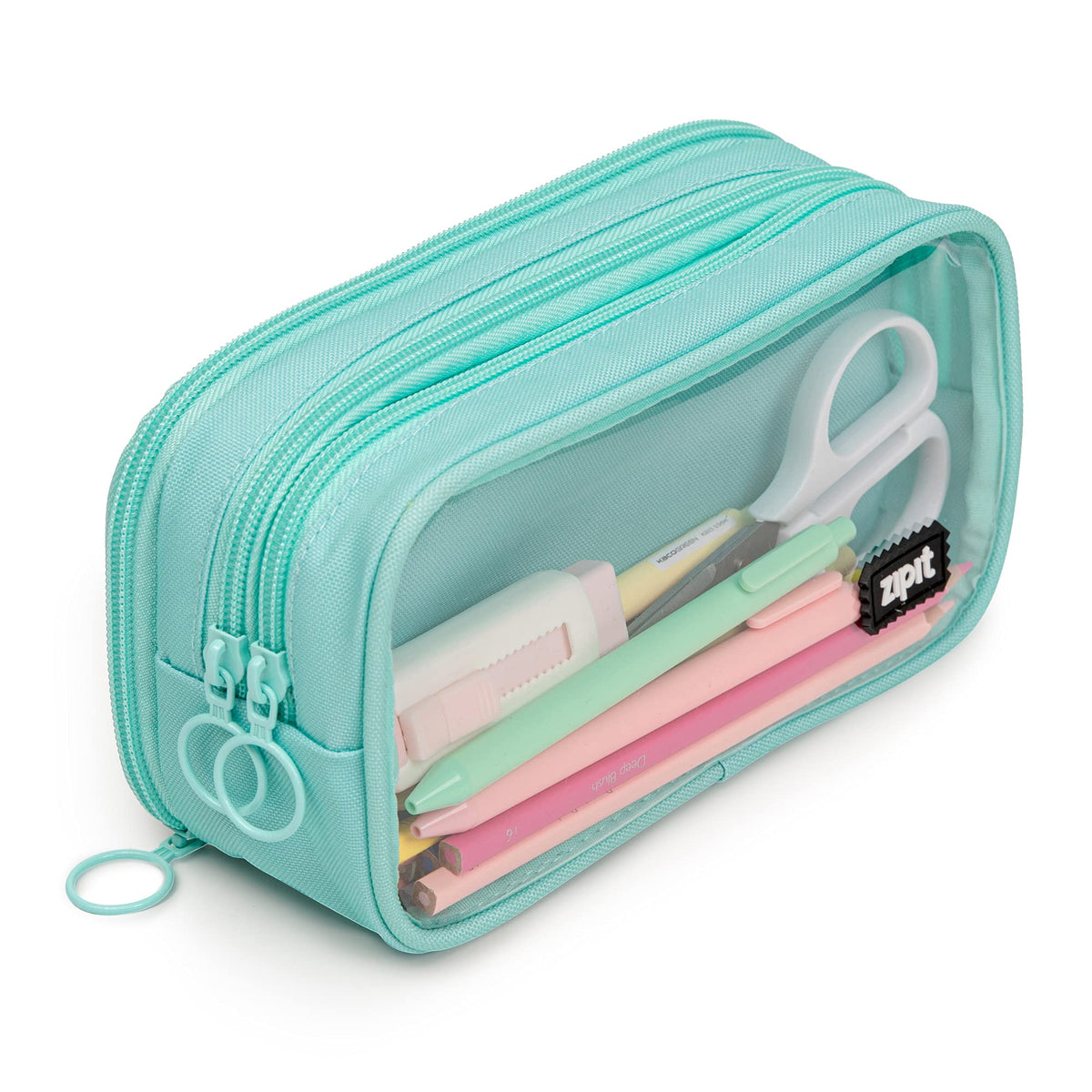 ZIPIT Half & Half Pencil Case, 3-Compartment Zipper Pouch for Girls, Mint