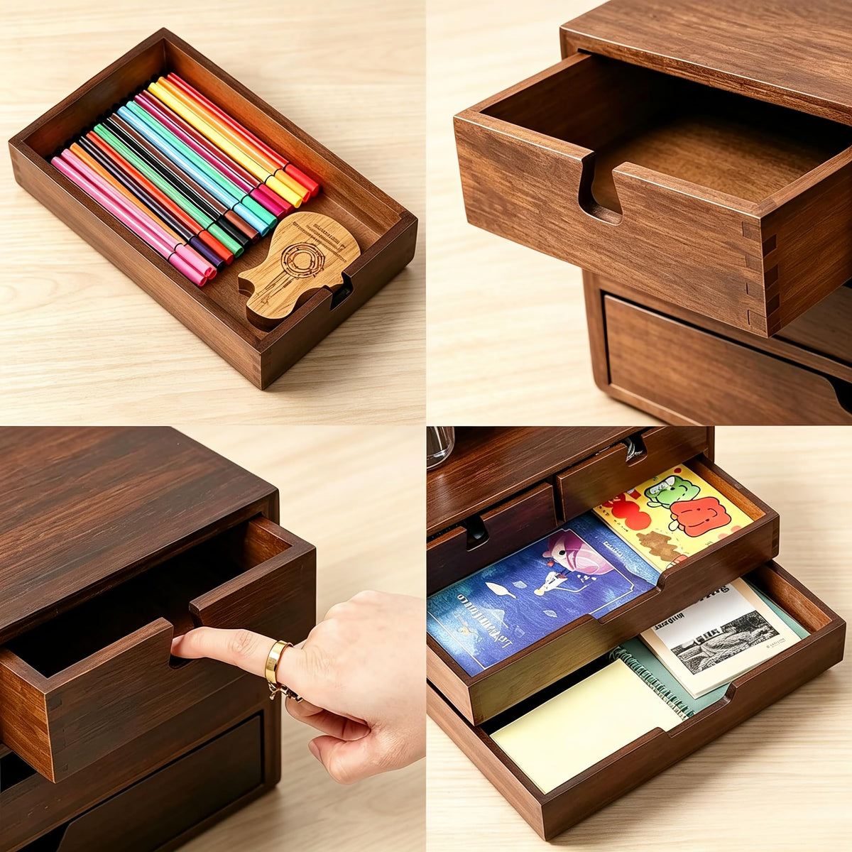 DEAYOU Bamboo Desk Organizer, 100% Natural Bamboo Desktop Drawer Organizer, Dark Brown Tabletop