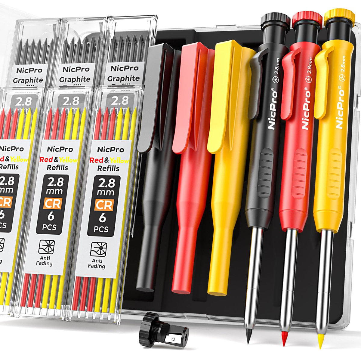 Nicpro Carpenter Pencils with Sharpener and Holster, Black Red Yellow 3Pack