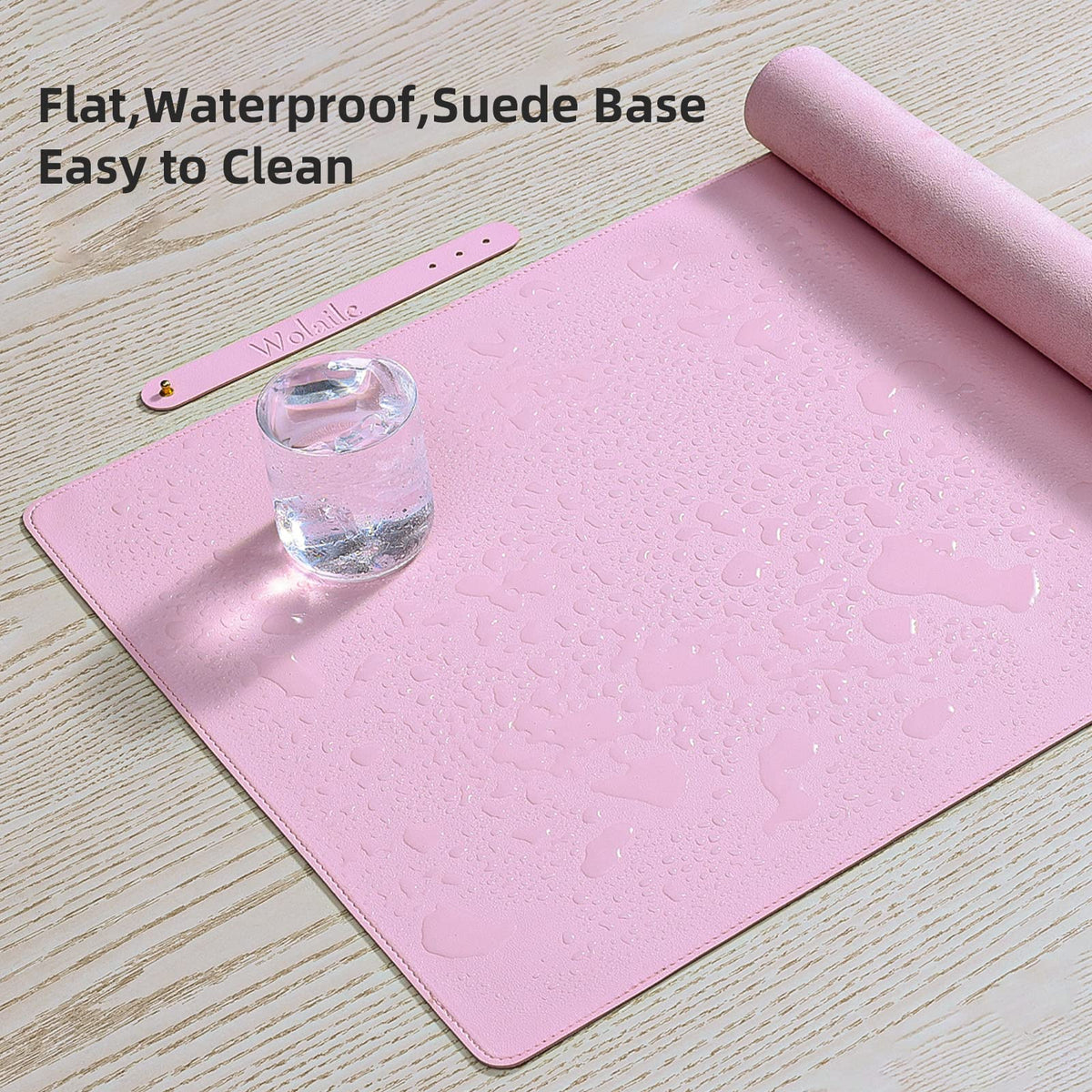 Wolaile PU Leather Desk Pad Blotter,Light Pink Waterproof Office Desktop Mat for Women,36x17in