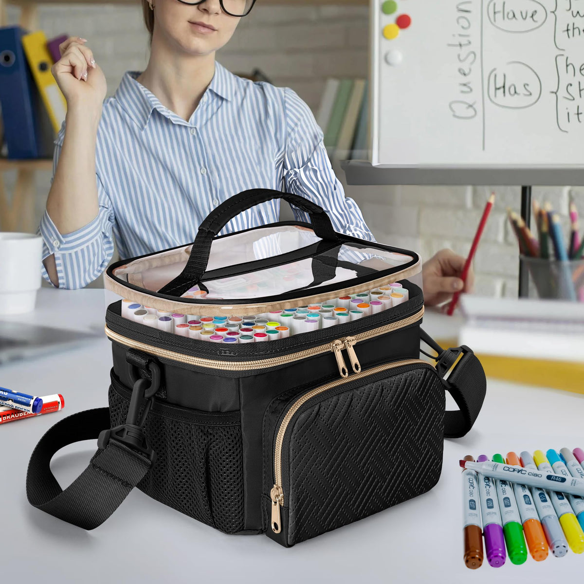 Rexmica Marker Organizer Case Storage Bag for 100 Markers, Black