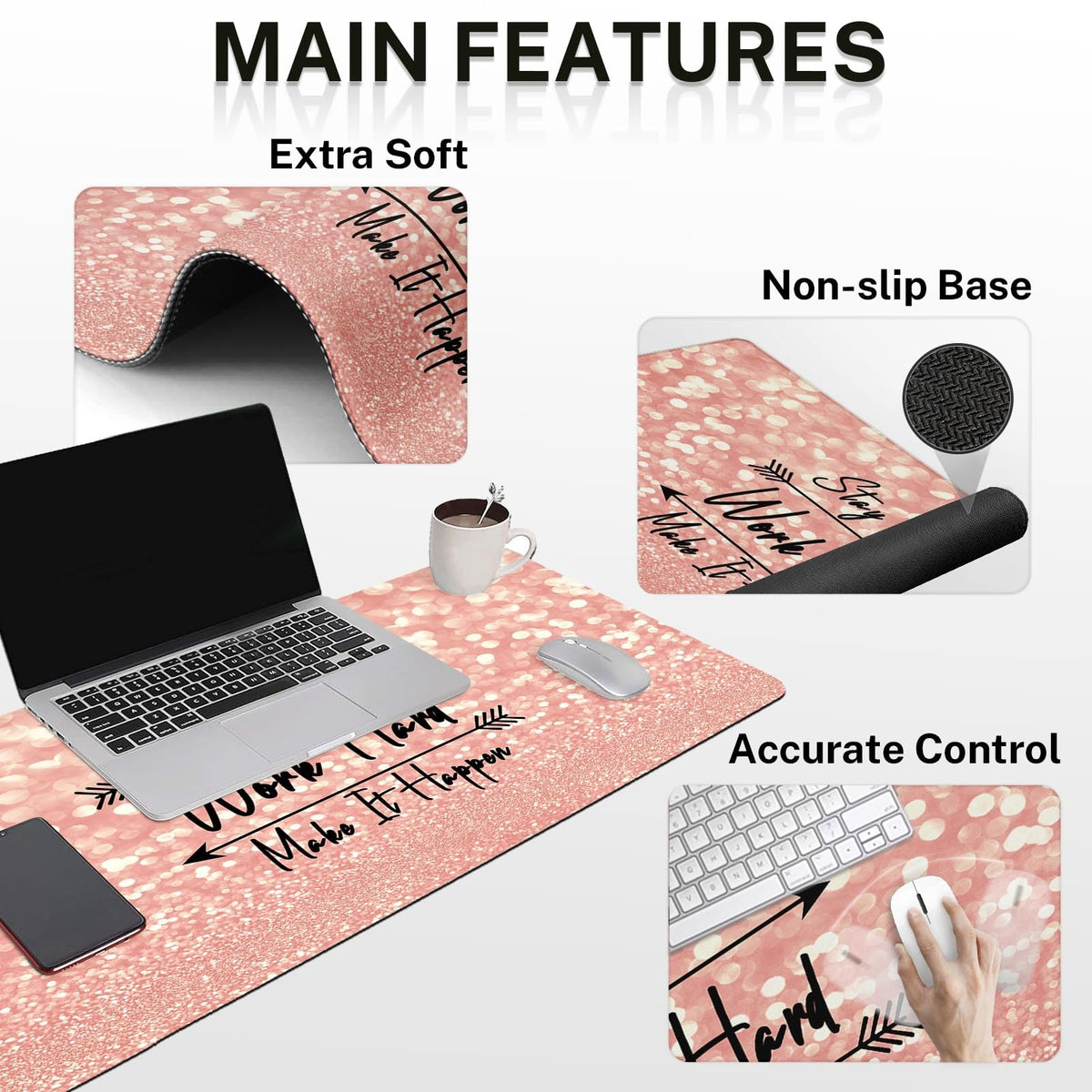 Arttown Keyboard Mouse Pad Set, 4 in 1 Desk Mat Set Rose Gold