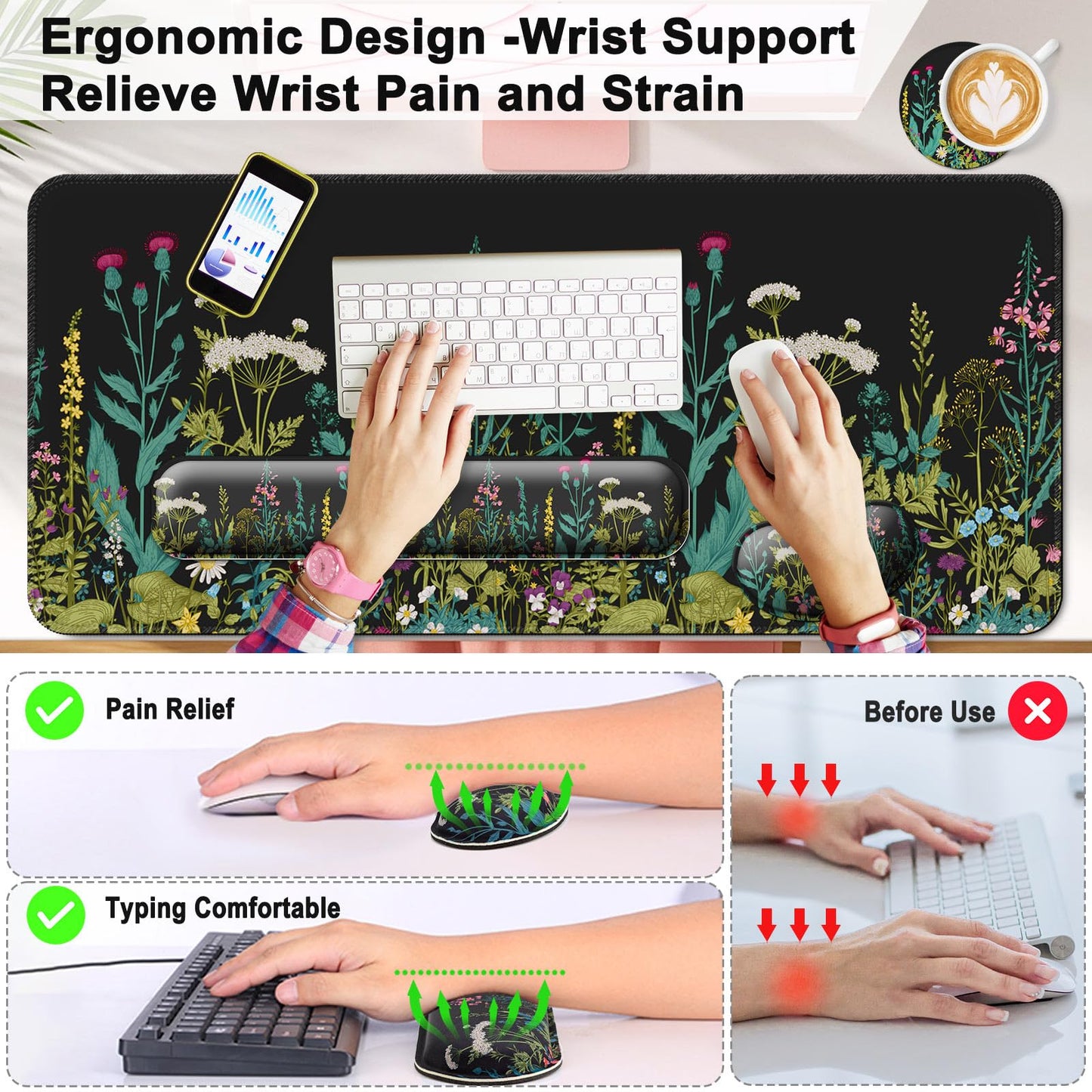 4 in 1 Mouse Pad and Keyboard Wrist Rest,Large Desk Mat,Coaster Set-Flowers