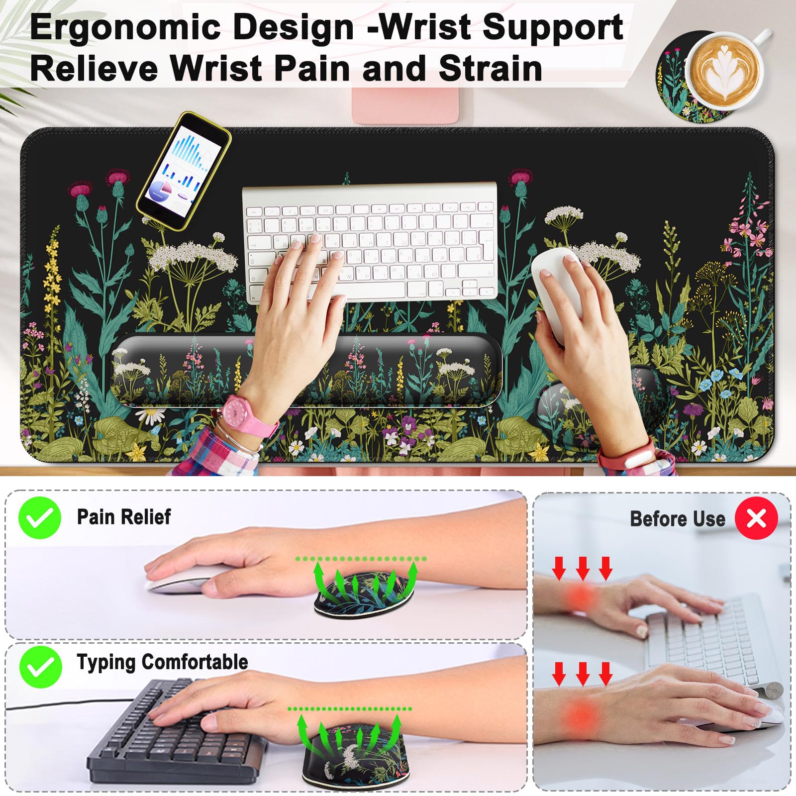 4 in 1 Mouse Pad and Keyboard Wrist Rest,Large Desk Mat,Coaster Set-Flowers
