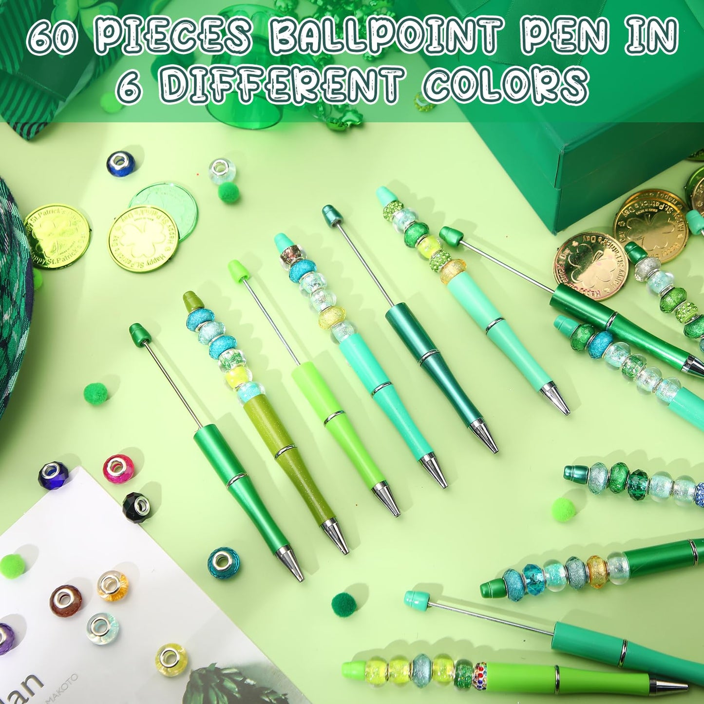 Kosiz 60 Pieces Beadable Pens Bulk Black Ink Pens,Green Series,Classic
